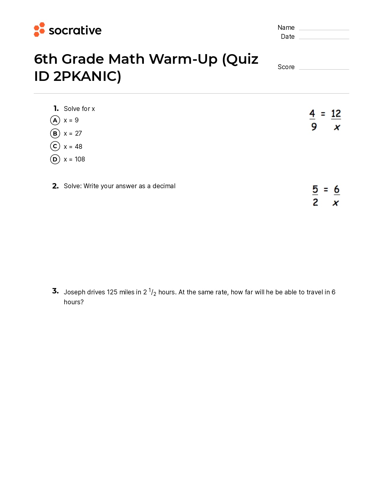 6Th Grade Math Warm-Up