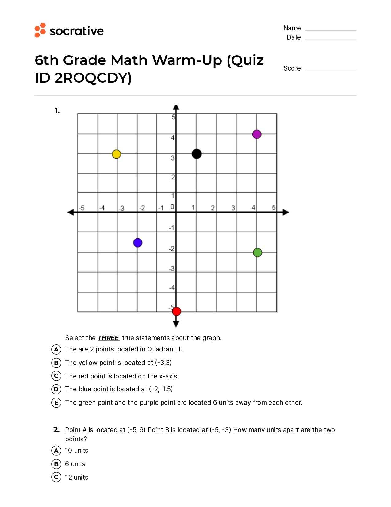 6Th Grade Math Warm-Up