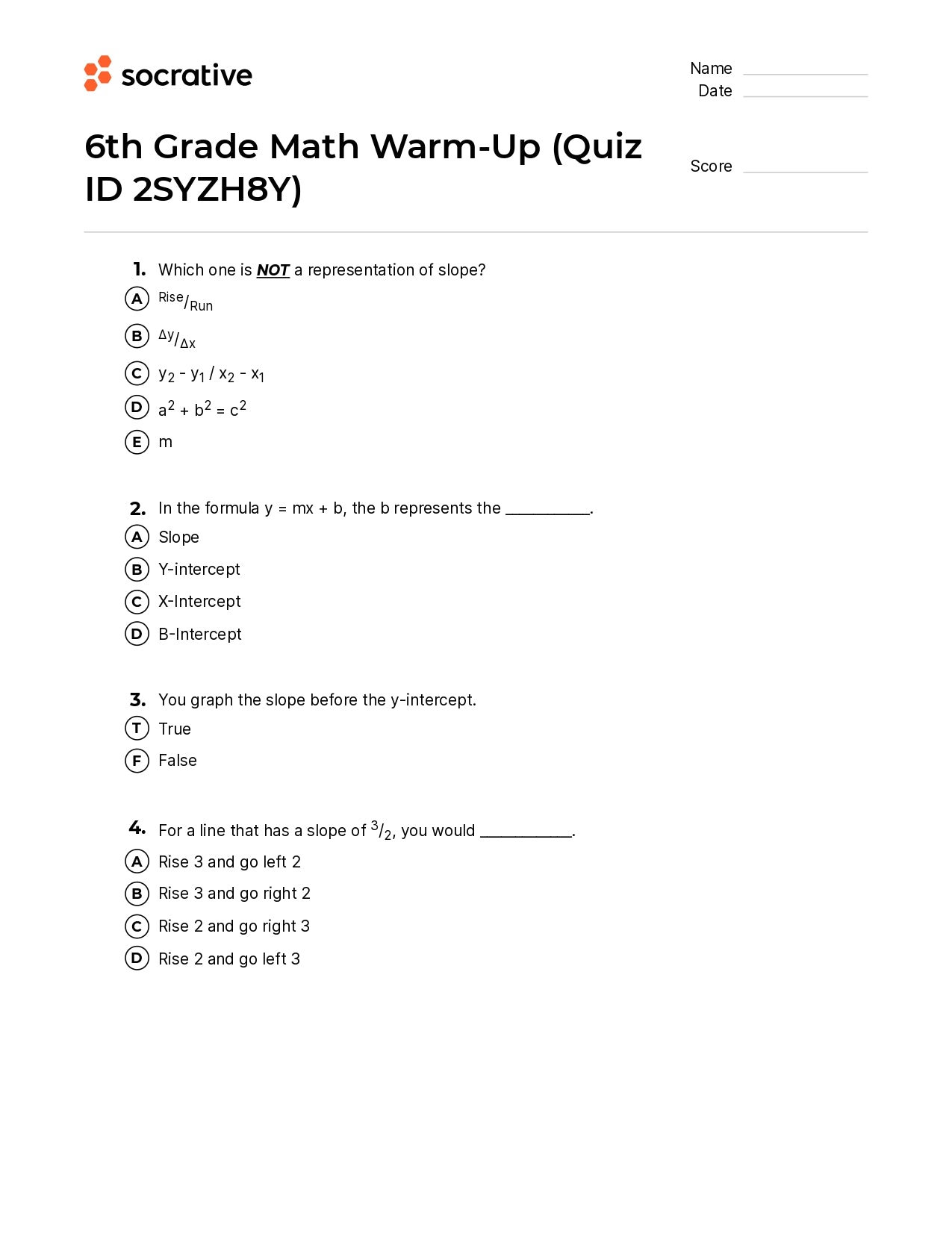 6Th Grade Math Warm-Up
