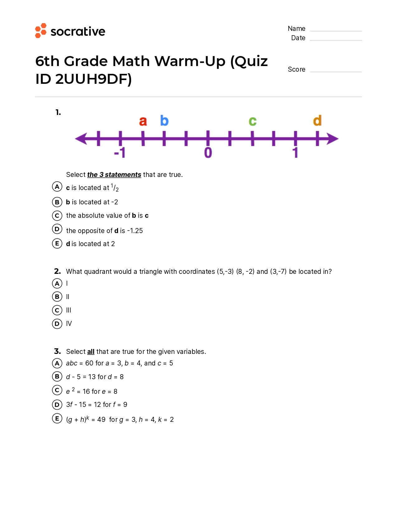 6Th Grade Math Warm-Up