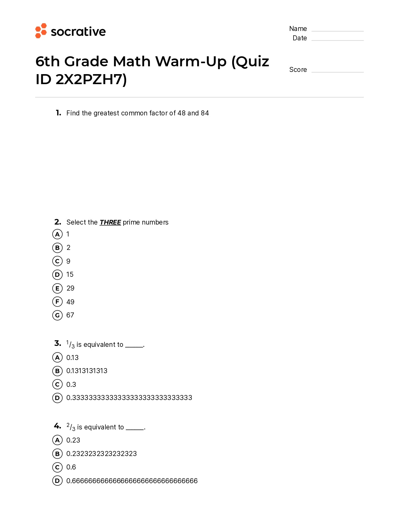6Th Grade Math Warm-Up