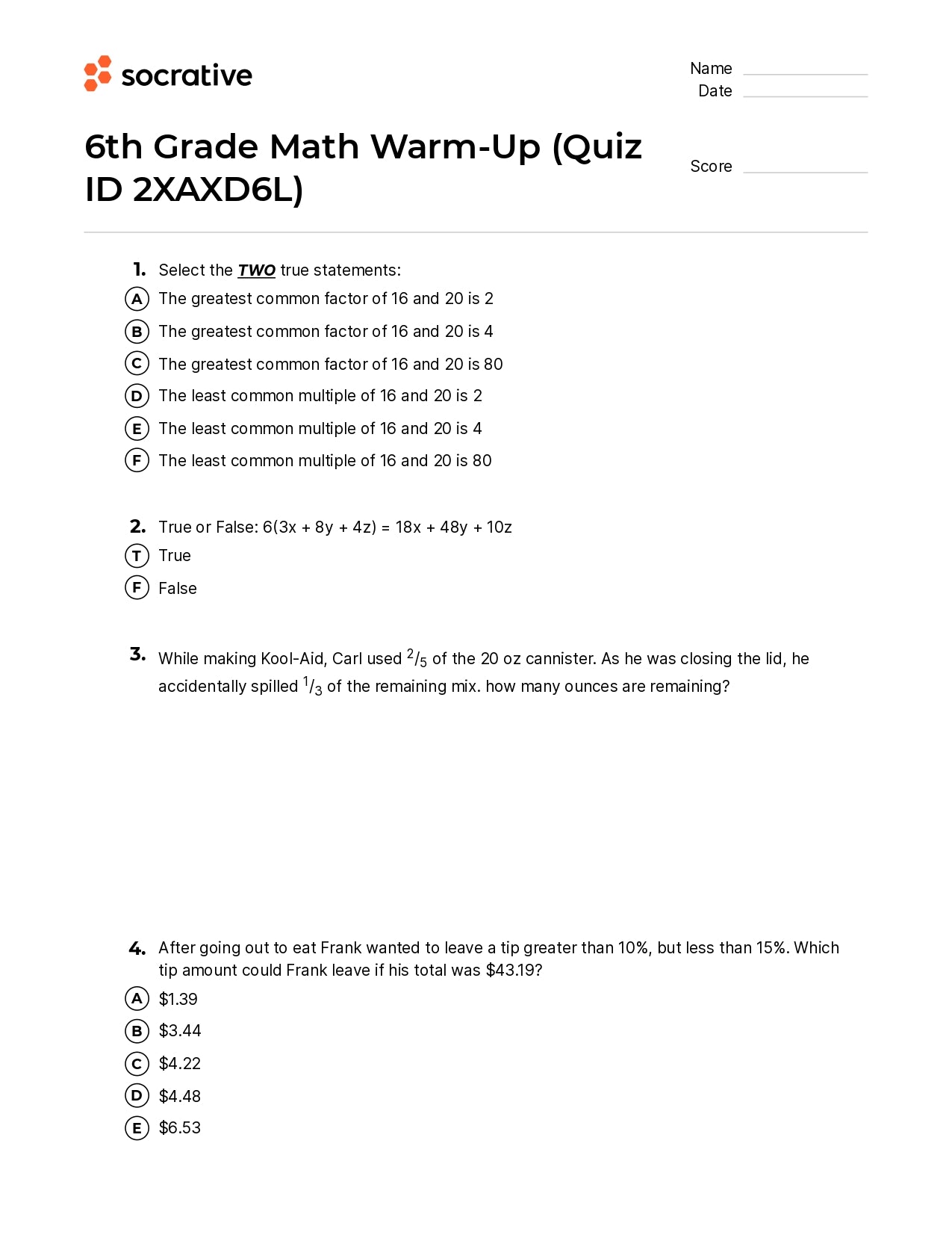6Th Grade Math Warm-Up