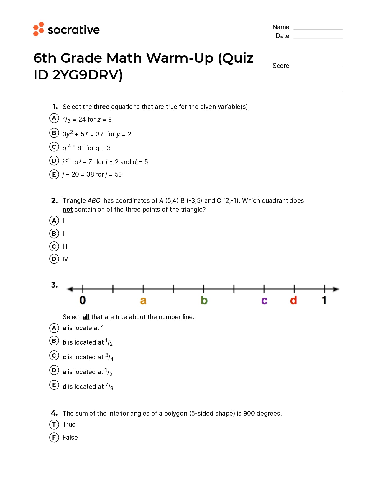 6Th Grade Math Warm-Up