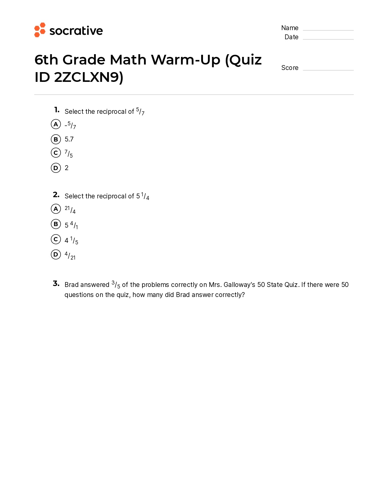 6Th Grade Math Warm-Up