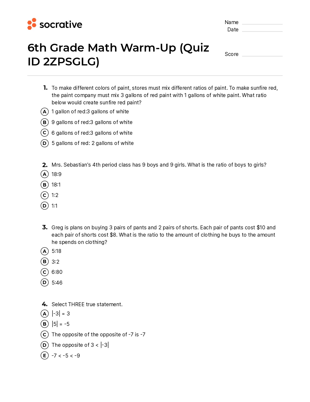6Th Grade Math Warm-Up