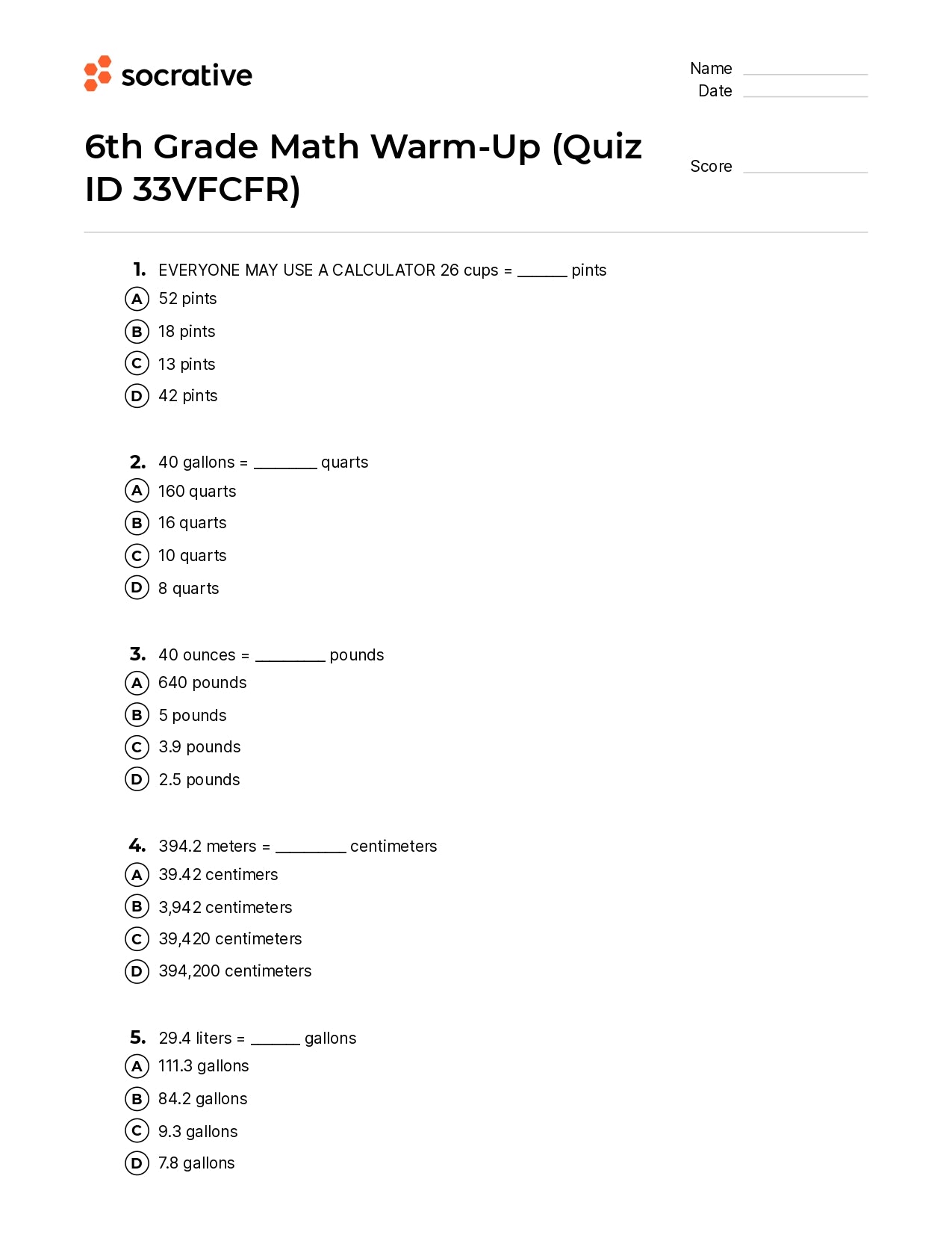 6Th Grade Math Warm-Up