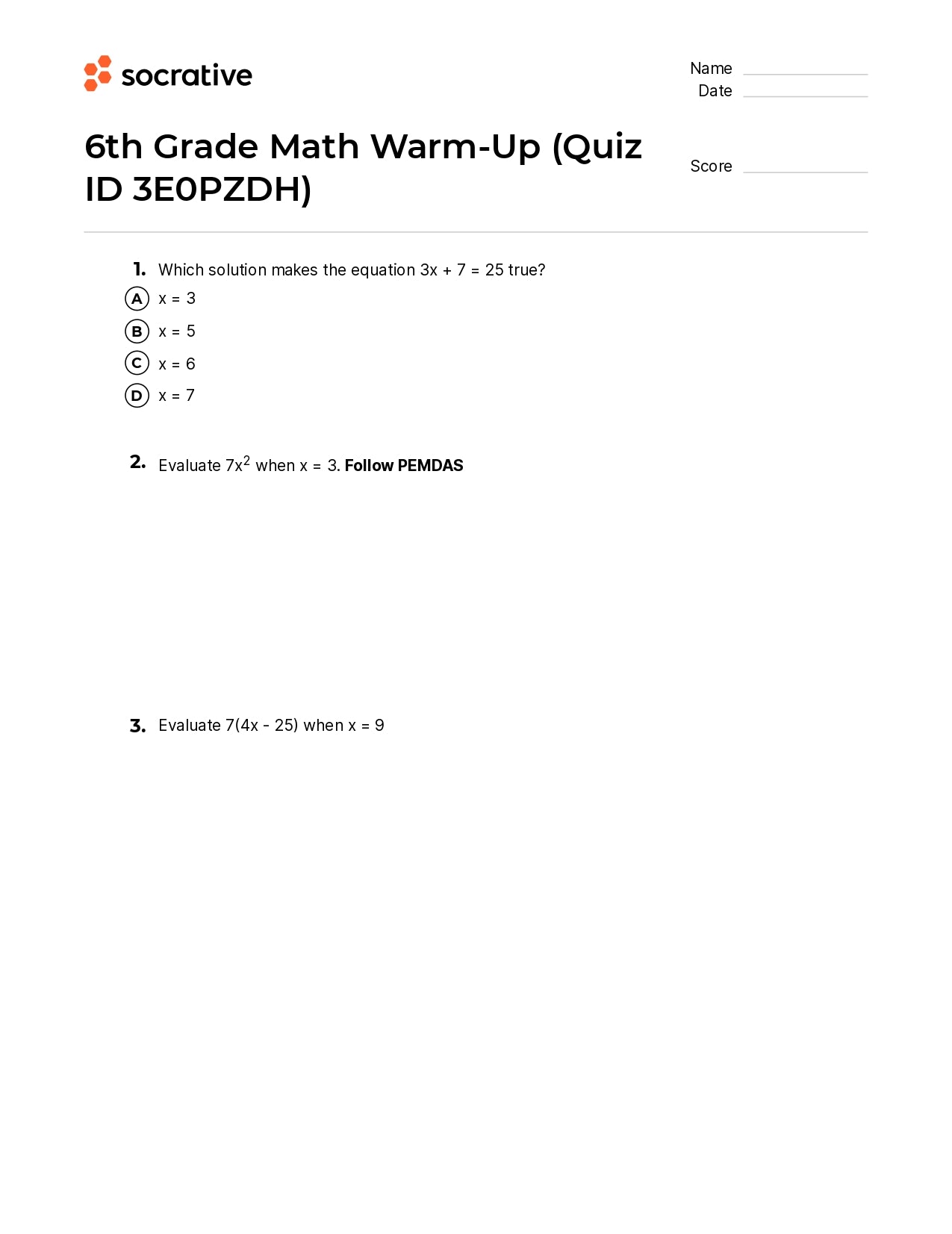 6Th Grade Math Warm-Up