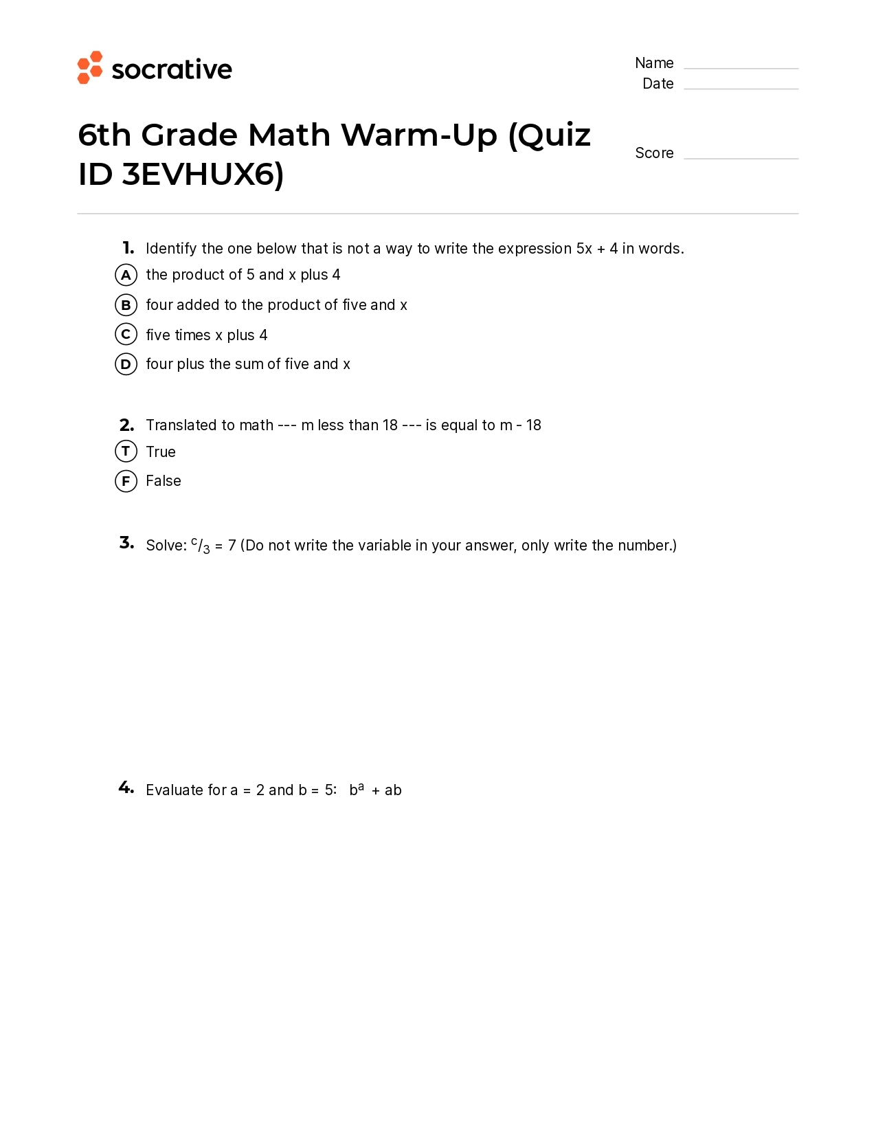 6Th Grade Math Warm-Up