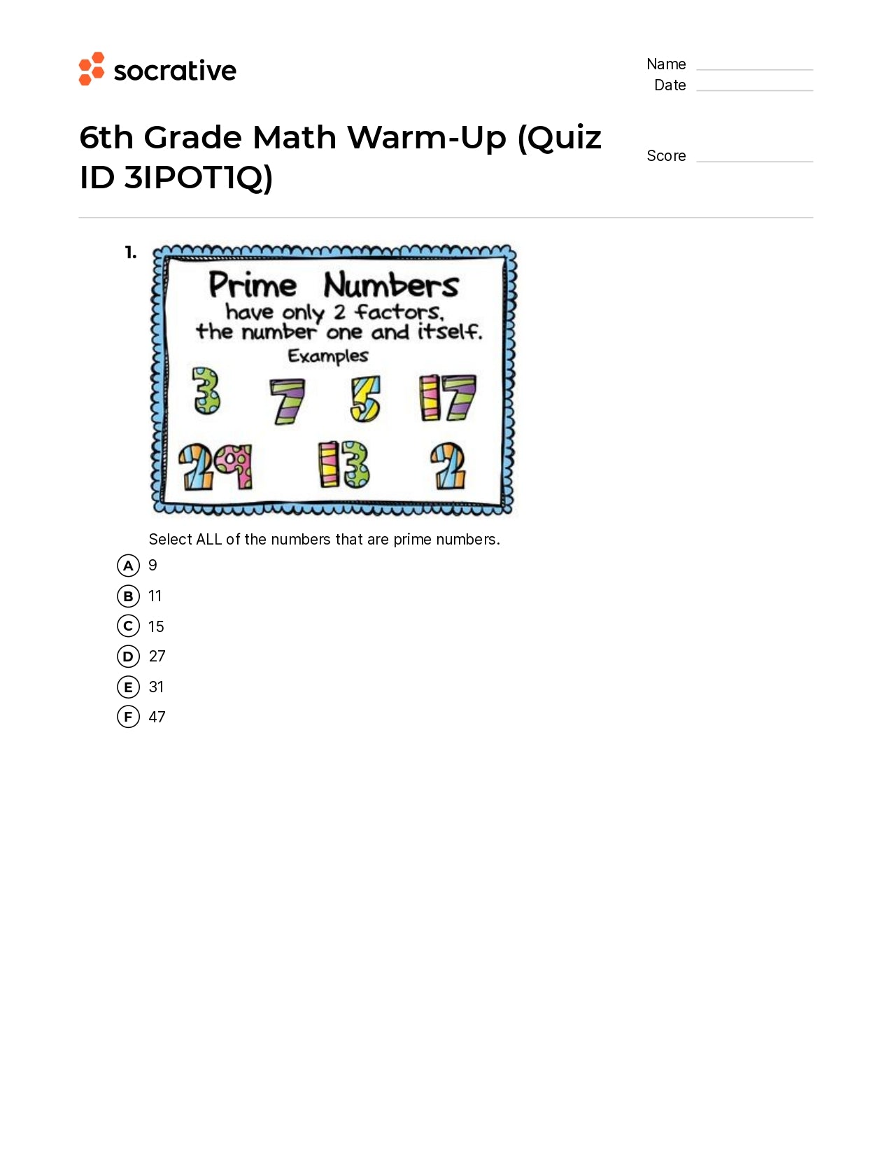 6Th Grade Math Warm-Up
