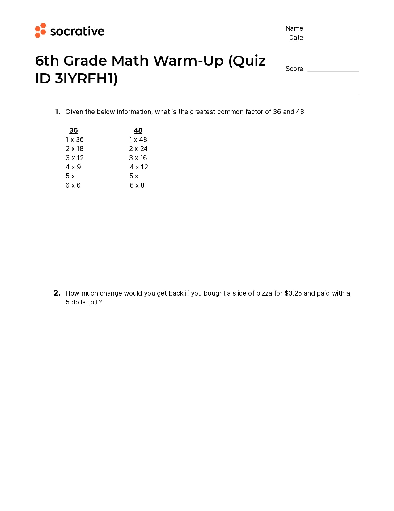 6Th Grade Math Warm-Up