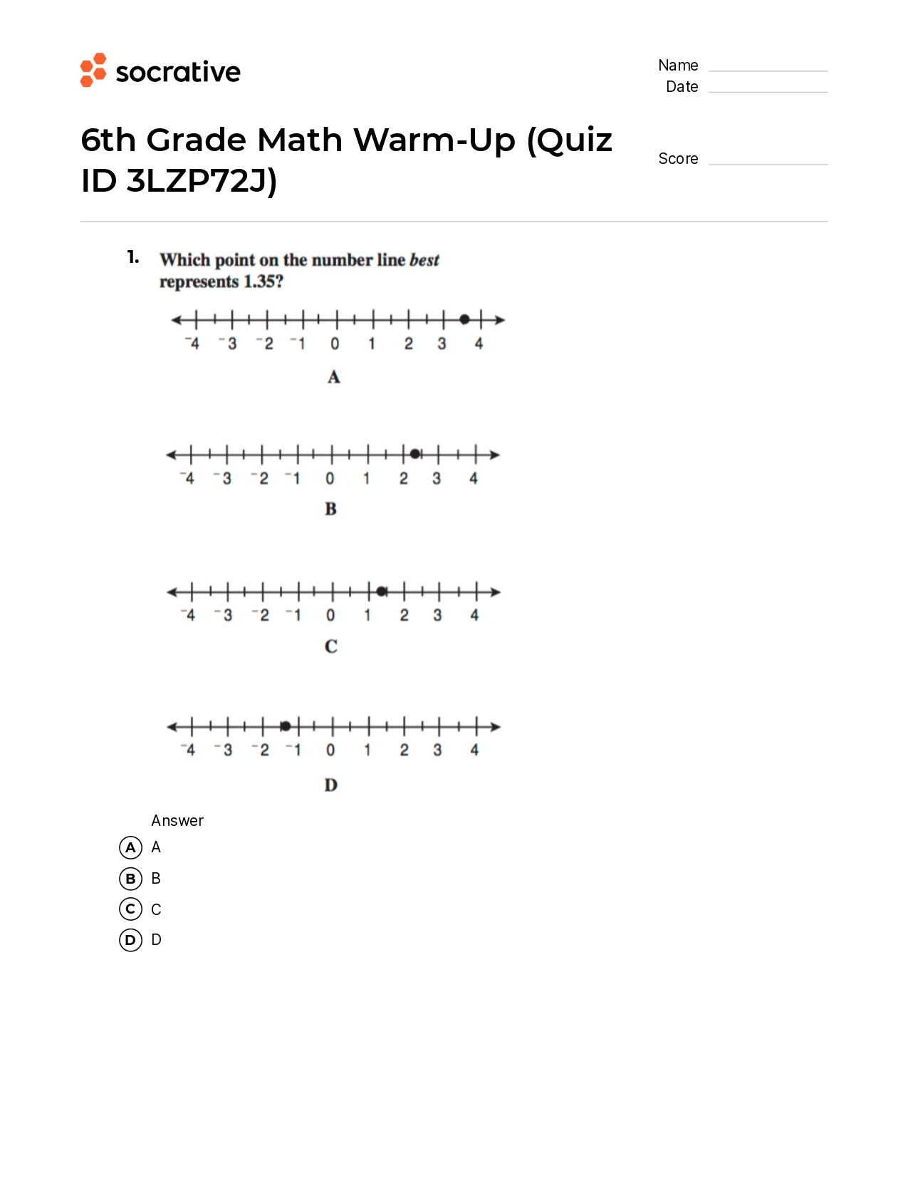 6Th Grade Math Warm-Up