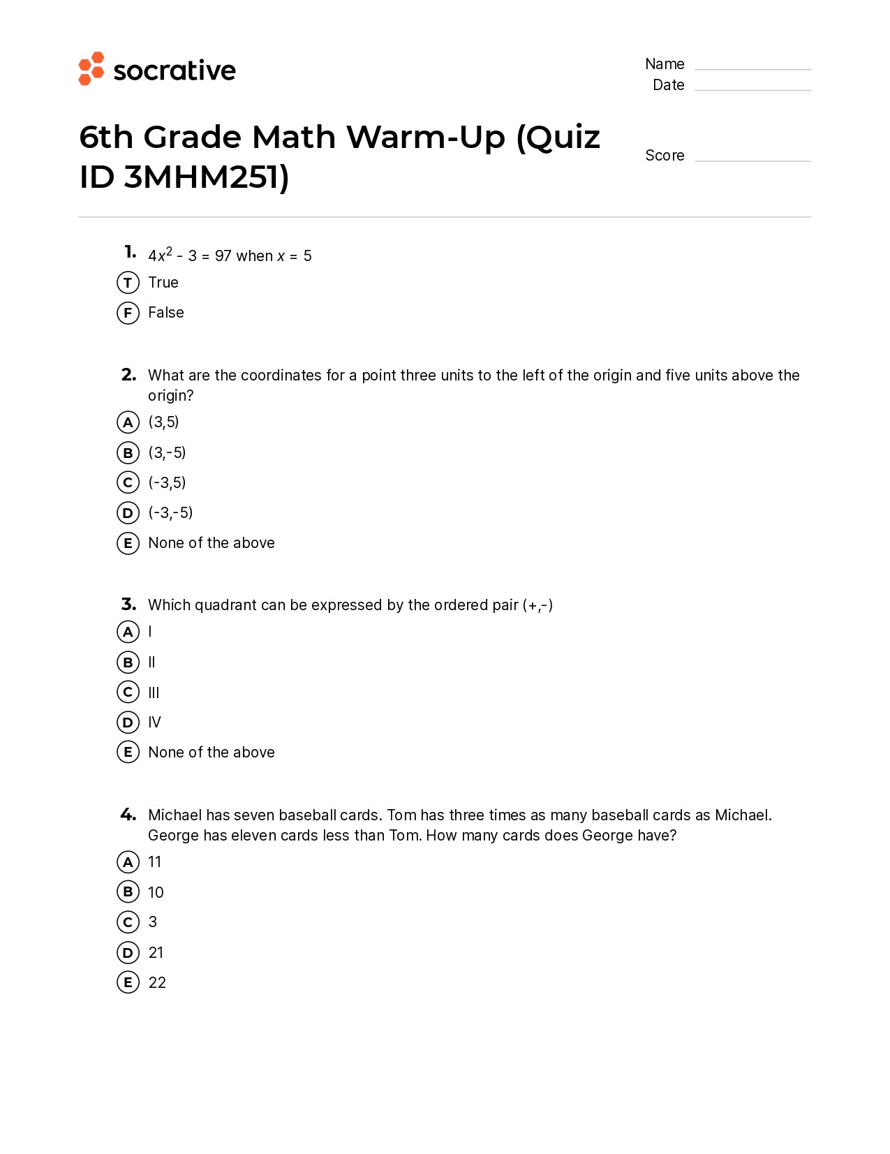 6Th Grade Math Warm-Up