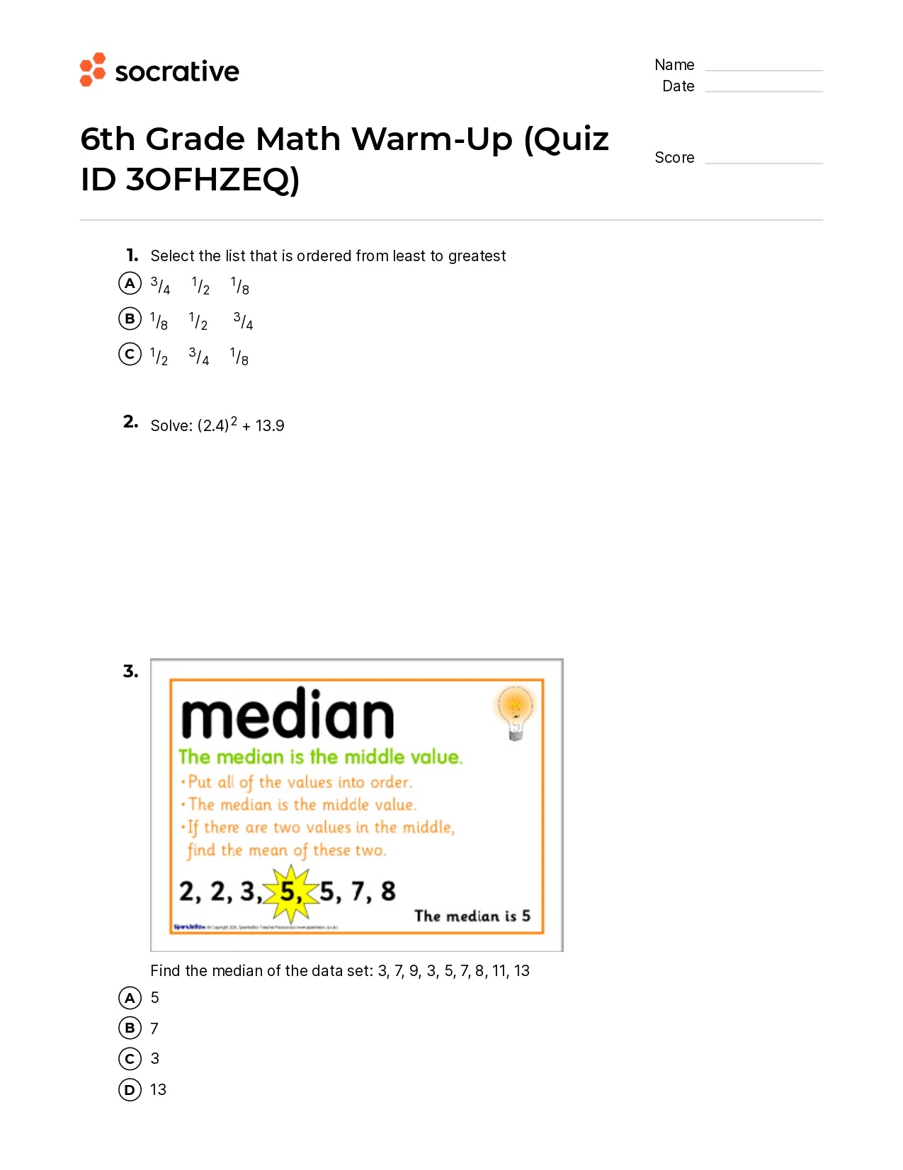 6Th Grade Math Warm-Up