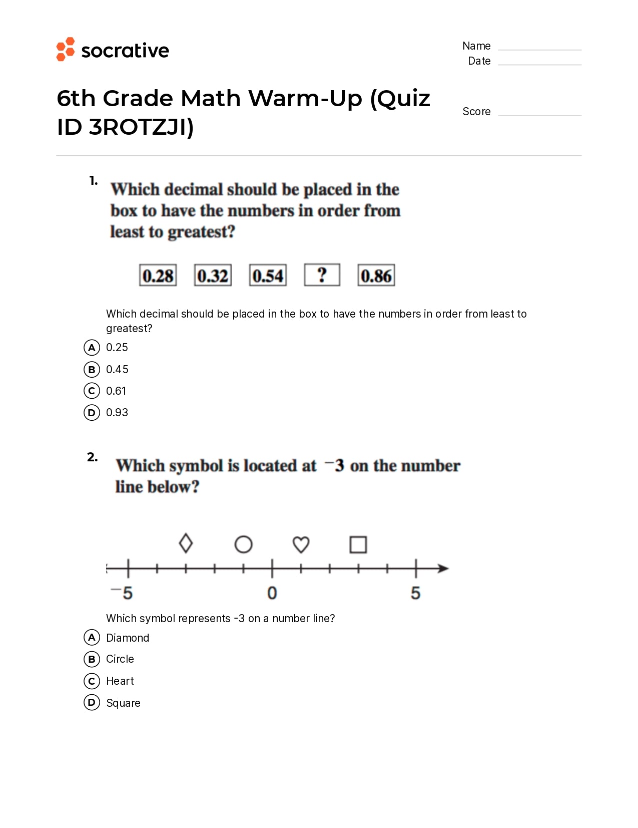 6Th Grade Math Warm-Up
