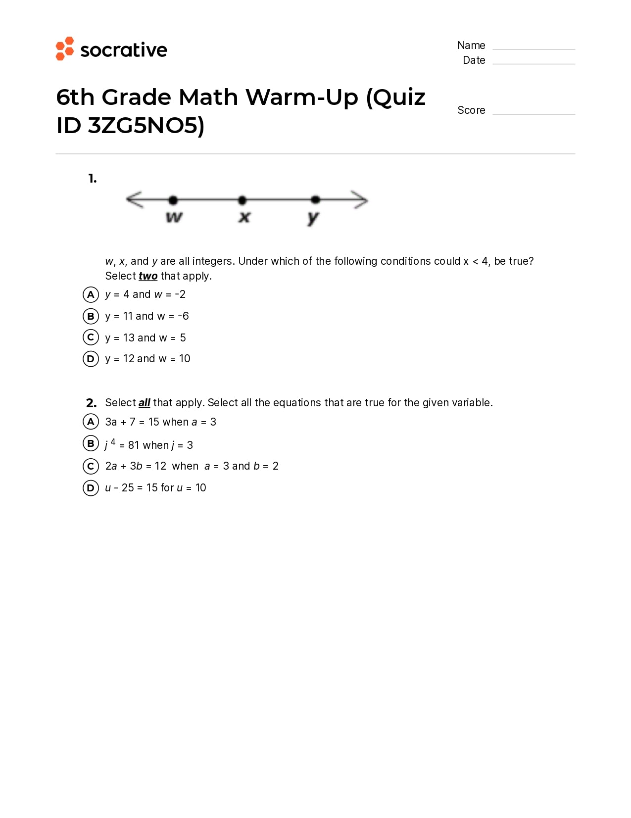 6Th Grade Math Warm-Up