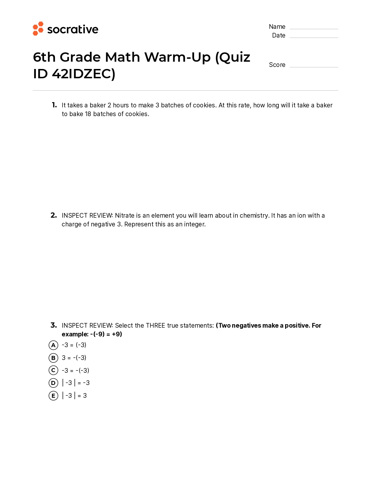 6Th Grade Math Warm-Up