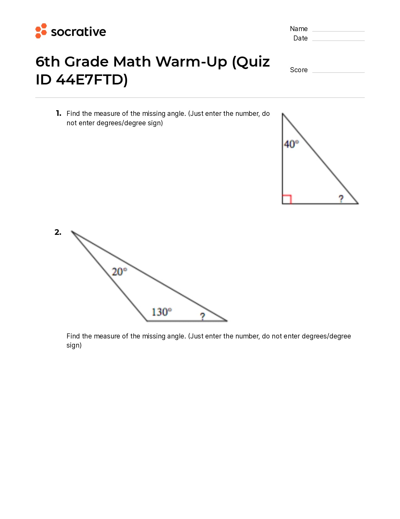 6Th Grade Math Warm-Up