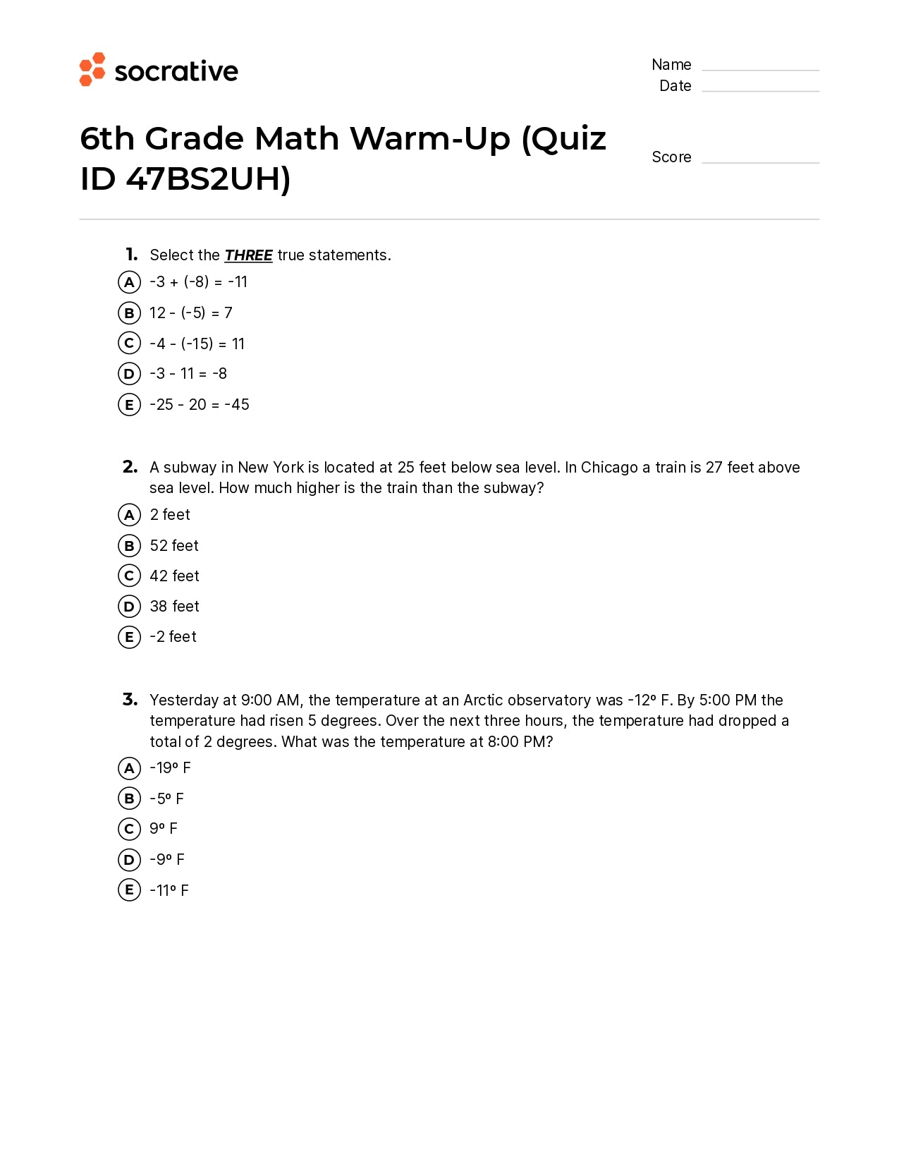 6Th Grade Math Warm-Up