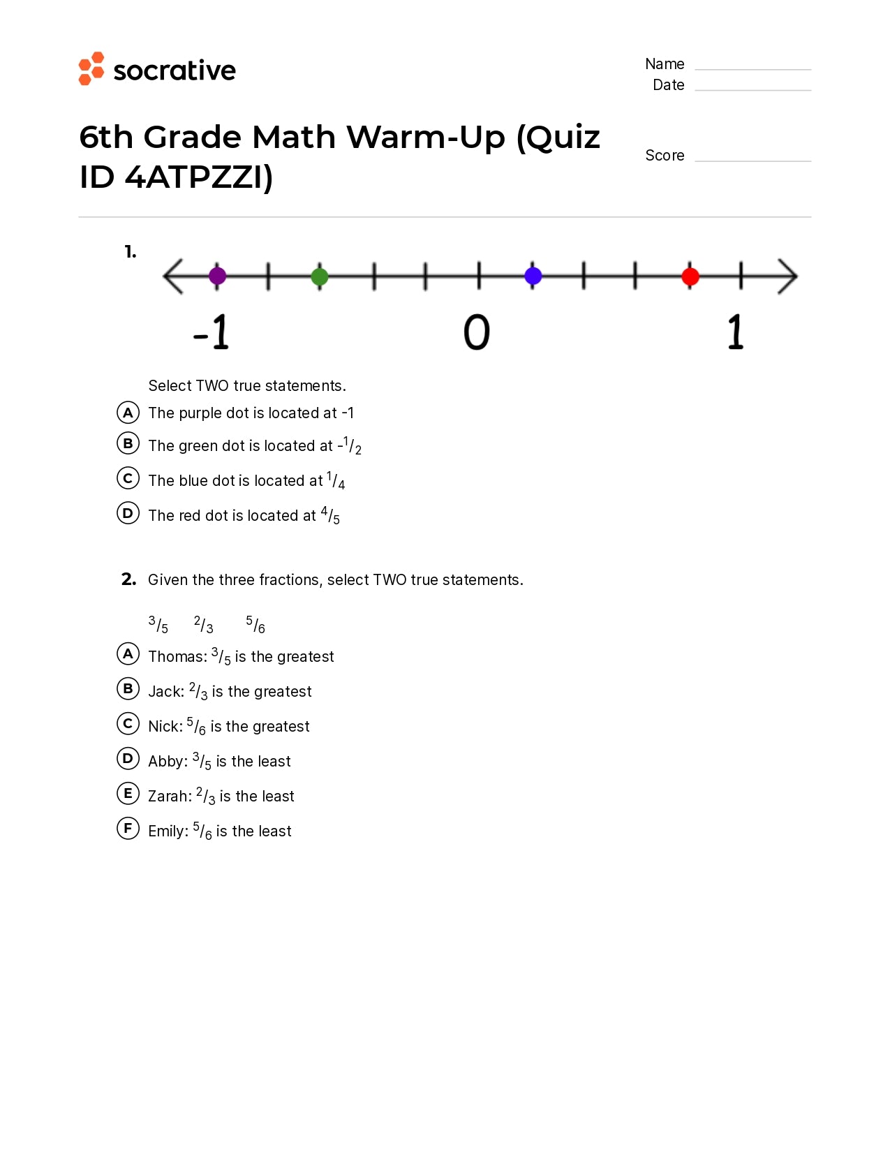 6Th Grade Math Warm-Up