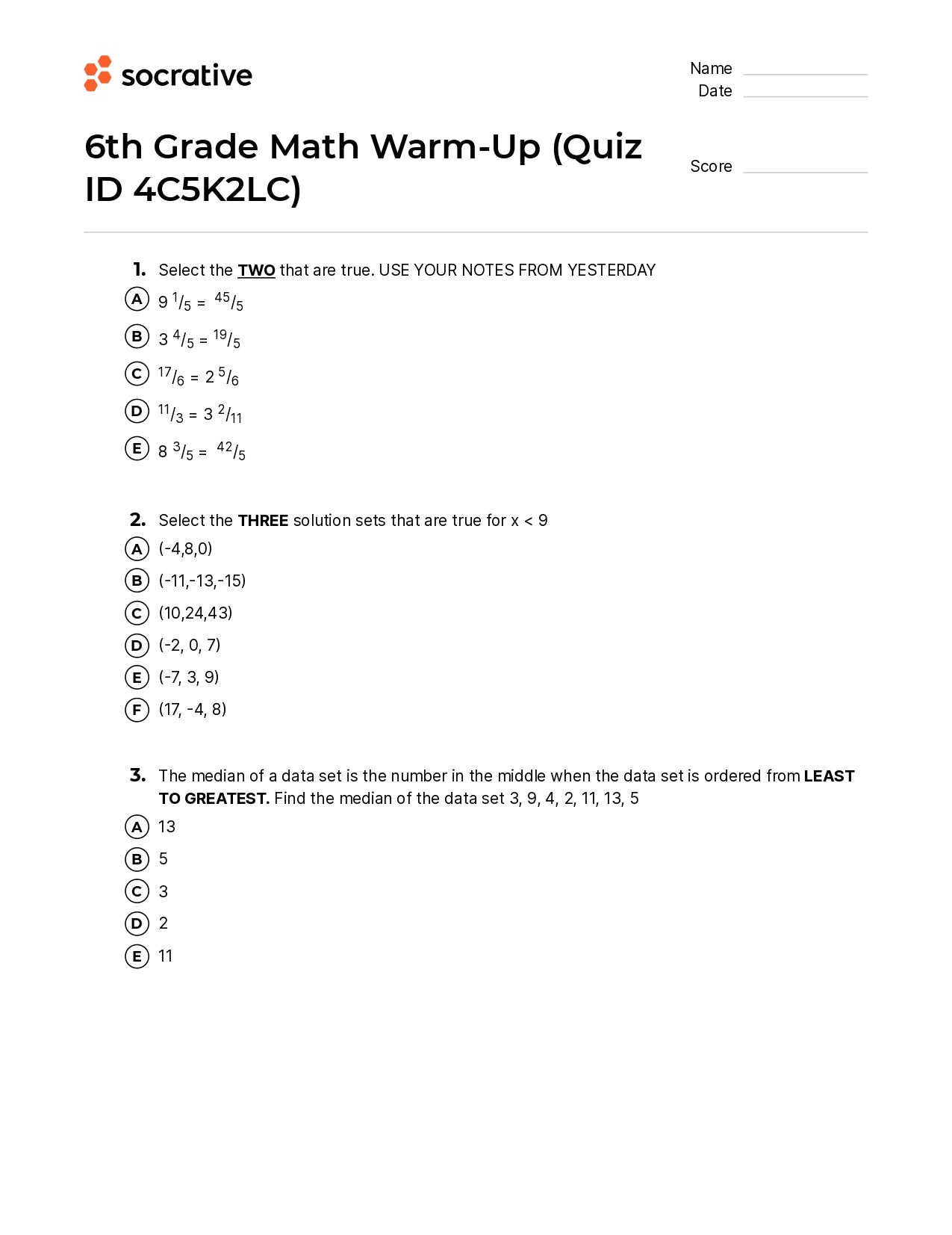 6Th Grade Math Warm-Up