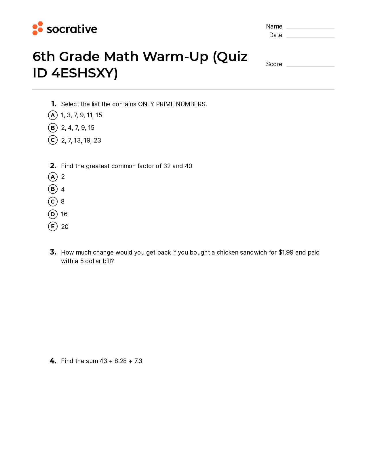 6Th Grade Math Warm-Up
