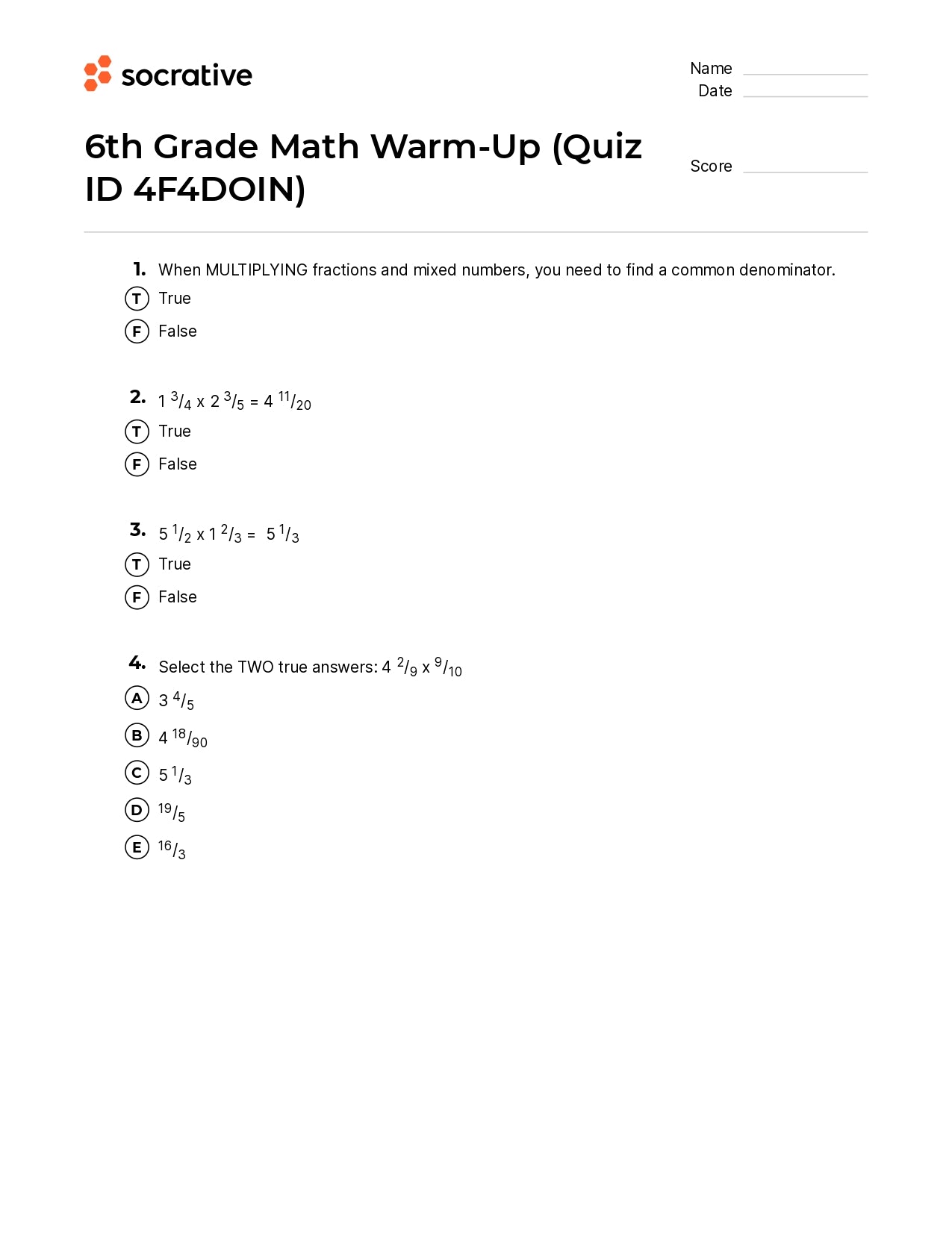 6Th Grade Math Warm-Up