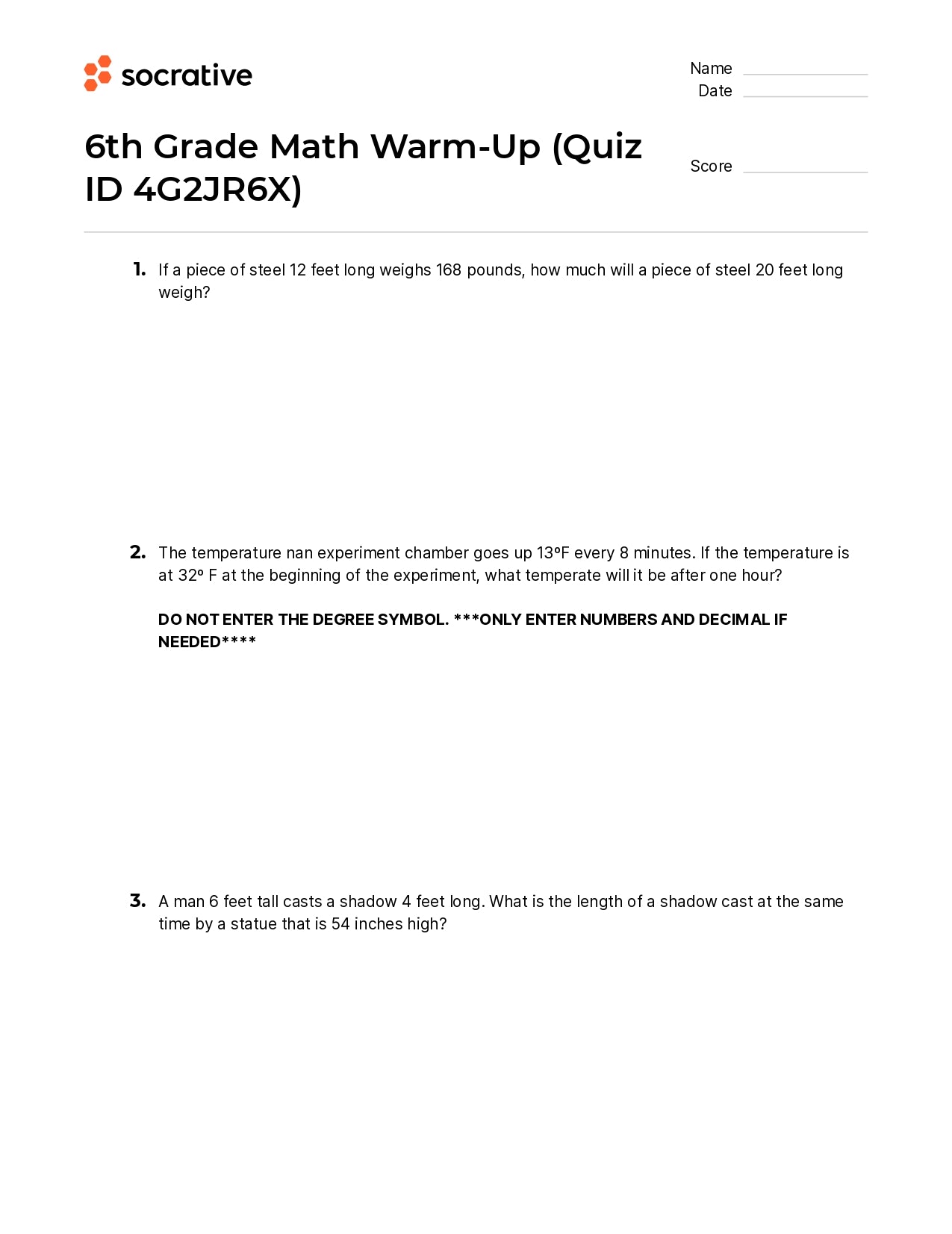6Th Grade Math Warm-Up