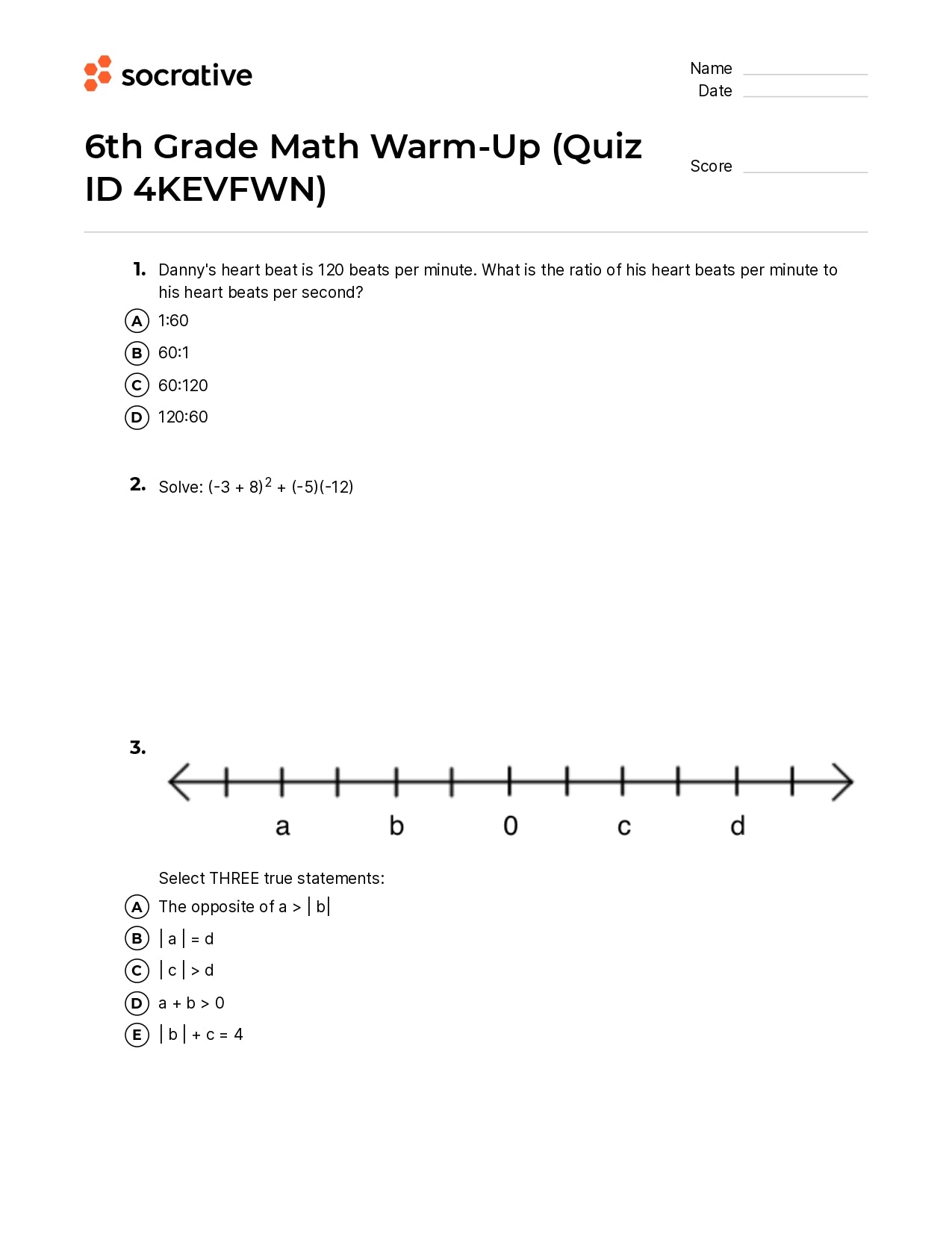 6Th Grade Math Warm-Up