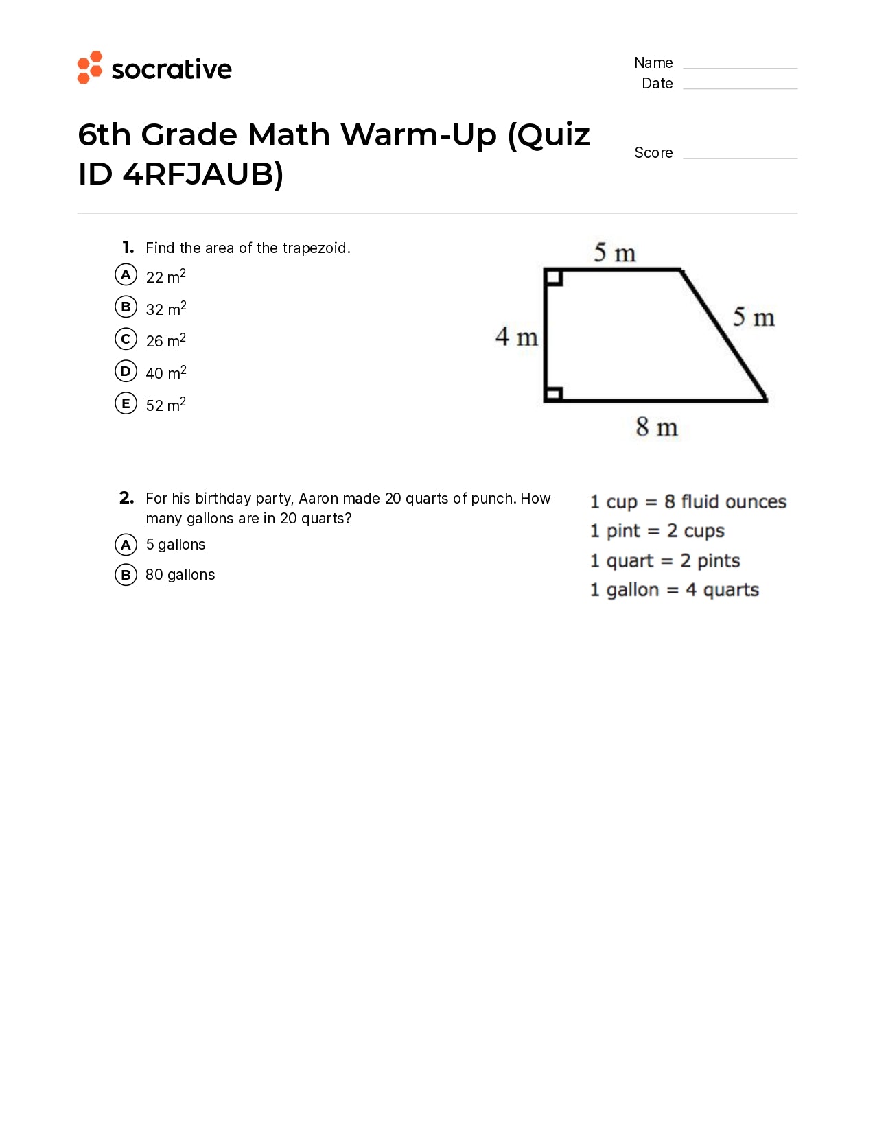 6Th Grade Math Warm-Up