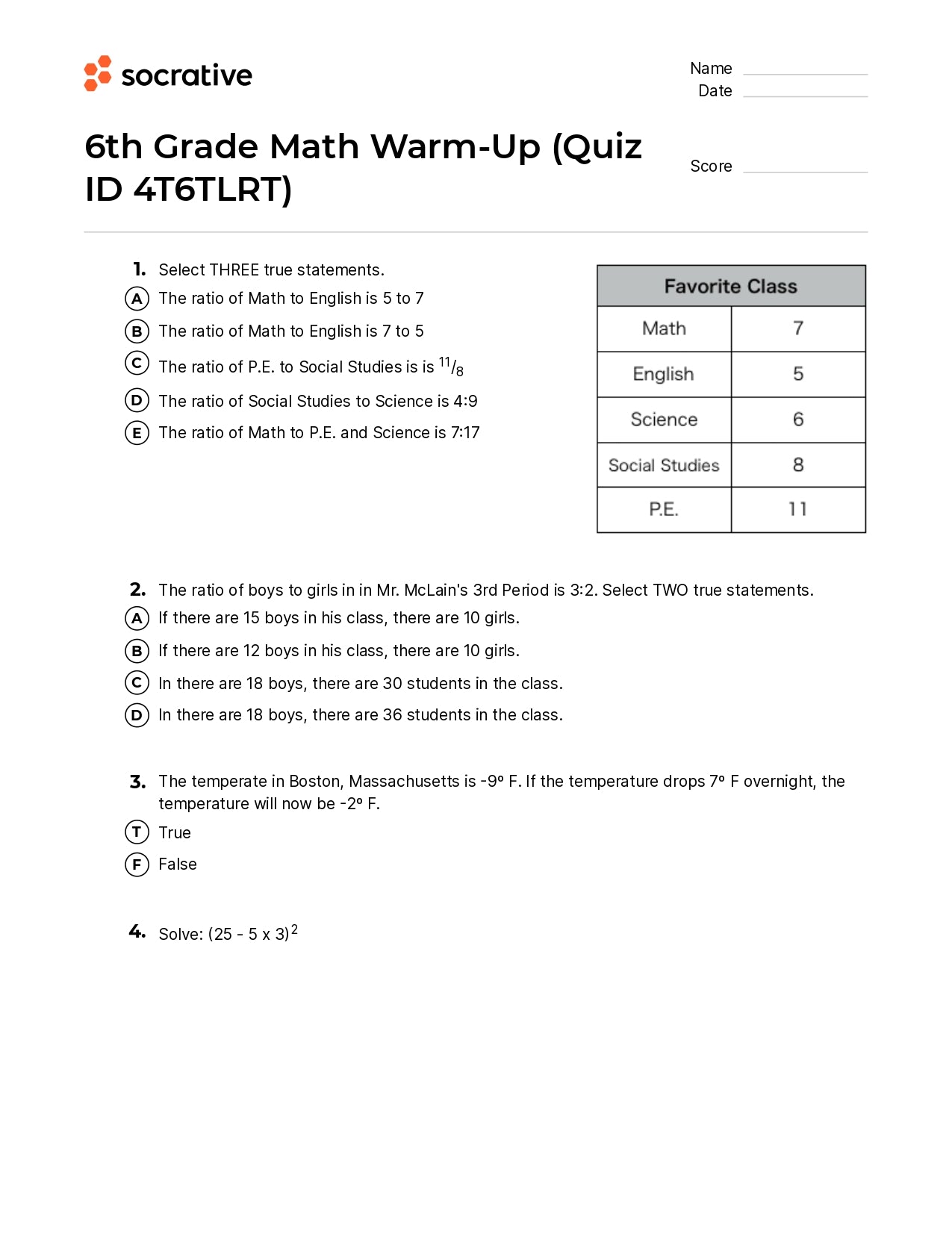 6Th Grade Math Warm-Up