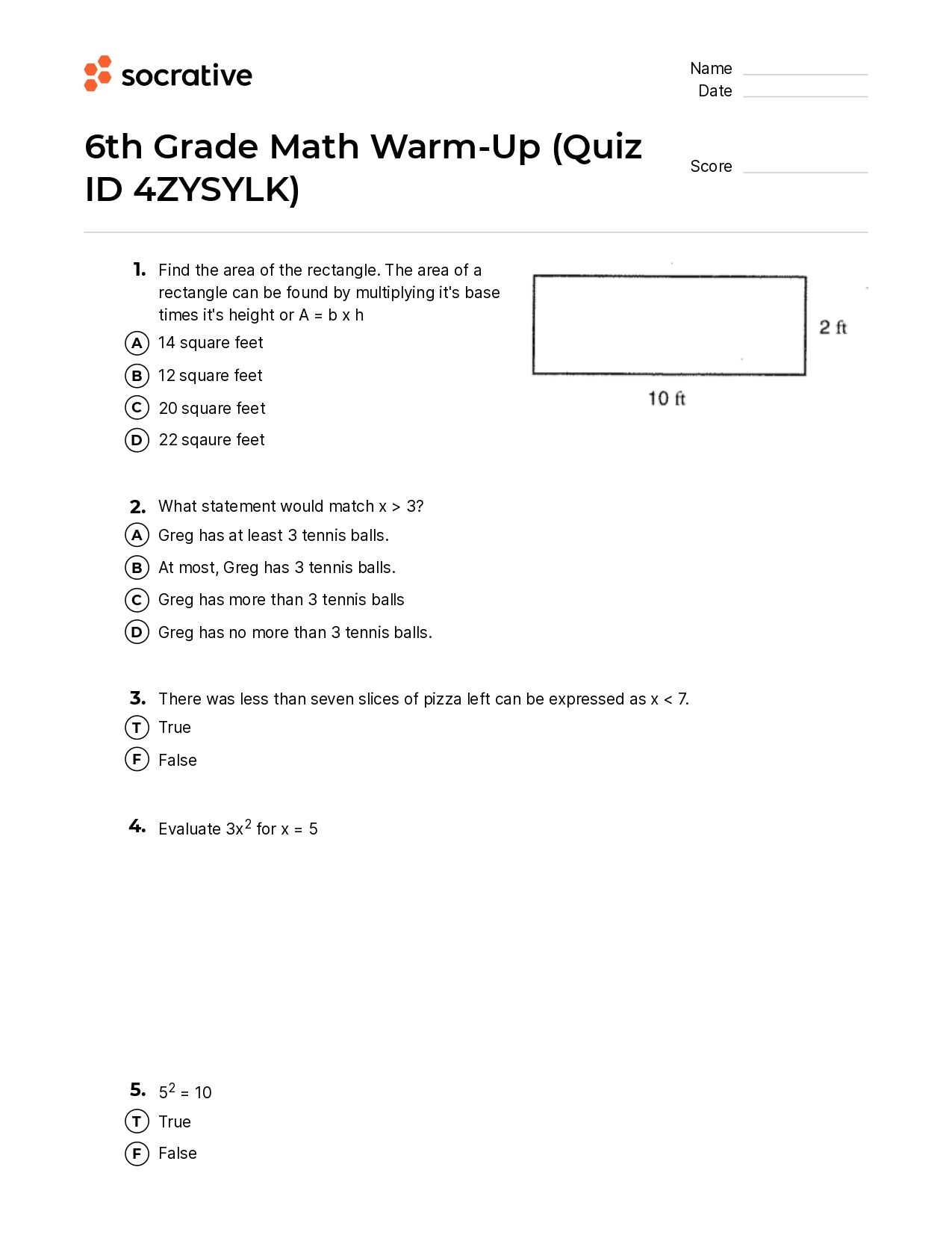 6Th Grade Math Warm-Up