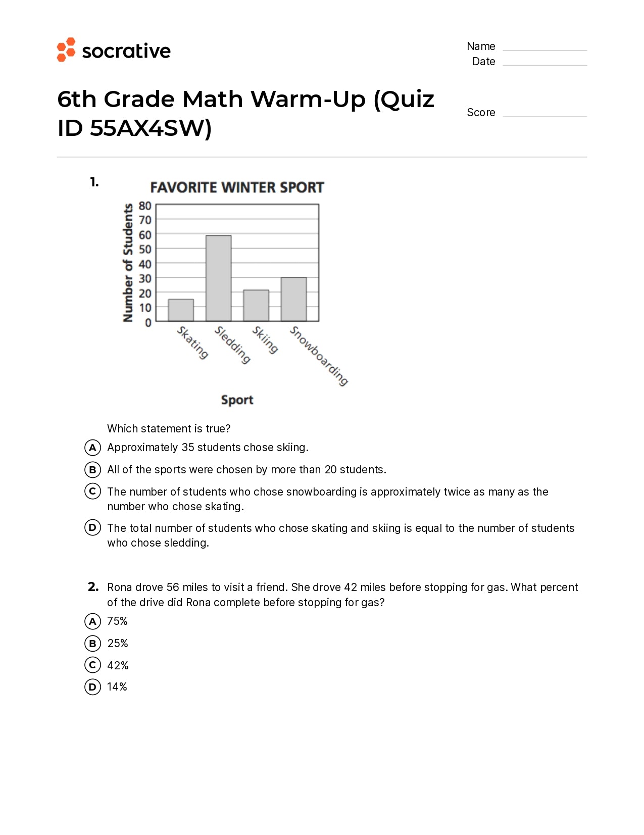 6Th Grade Math Warm-Up
