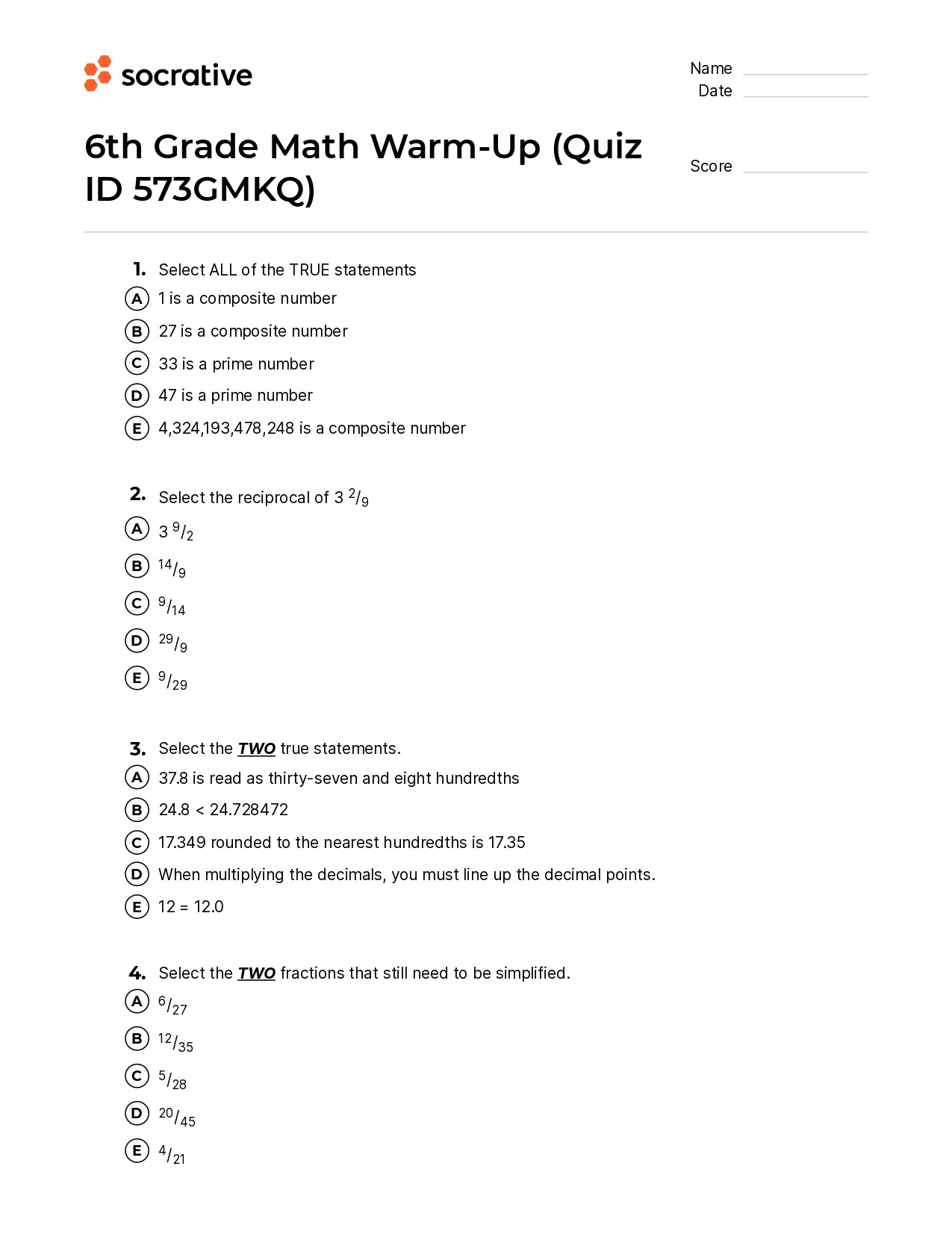 6Th Grade Math Warm-Up