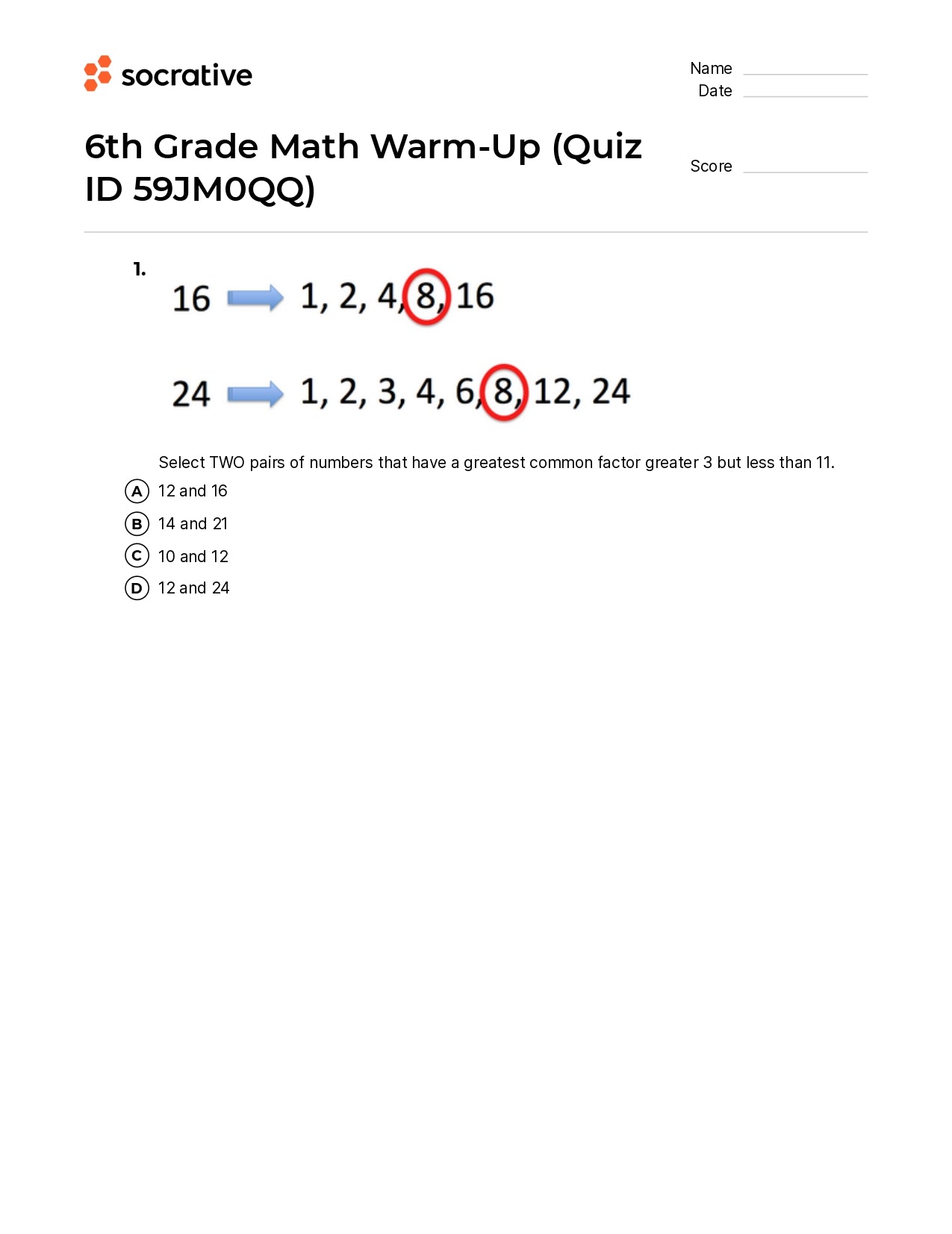 6Th Grade Math Warm-Up