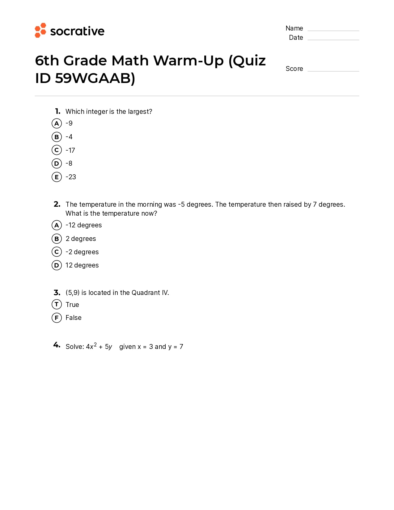 6Th Grade Math Warm-Up