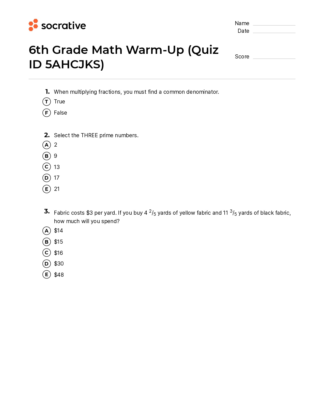 6Th Grade Math Warm-Up