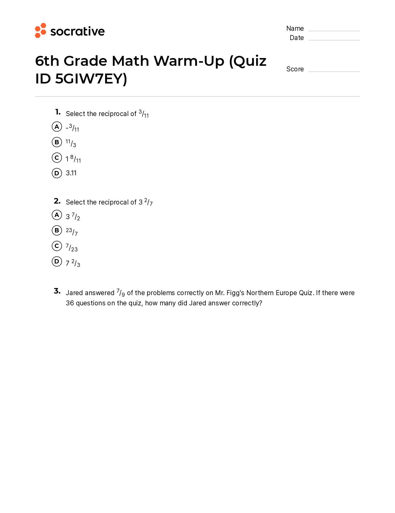 6Th Grade Math Warm-Up