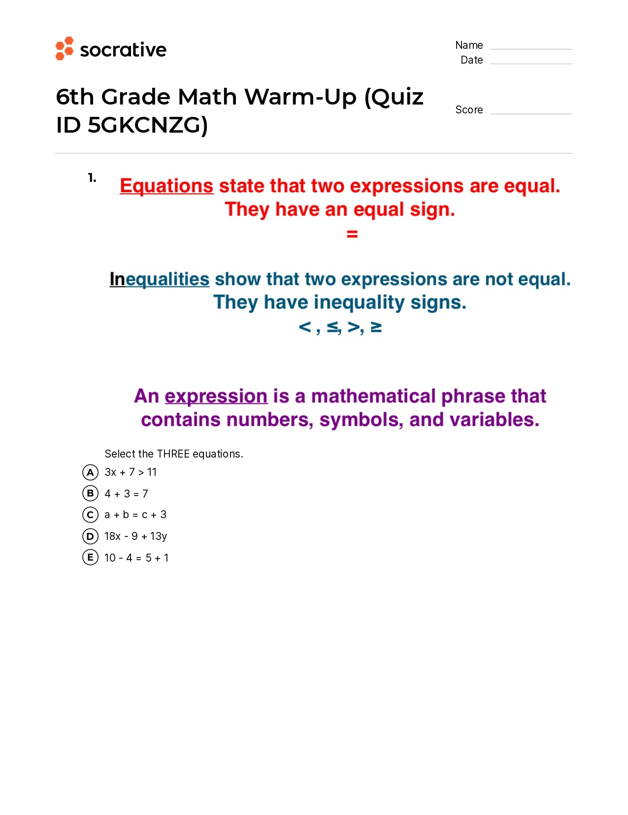 6Th Grade Math Warm-Up