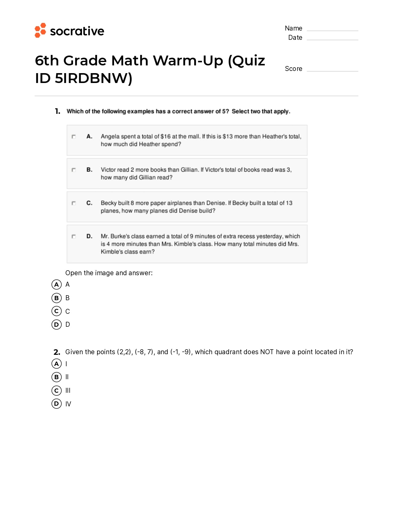 6Th Grade Math Warm-Up