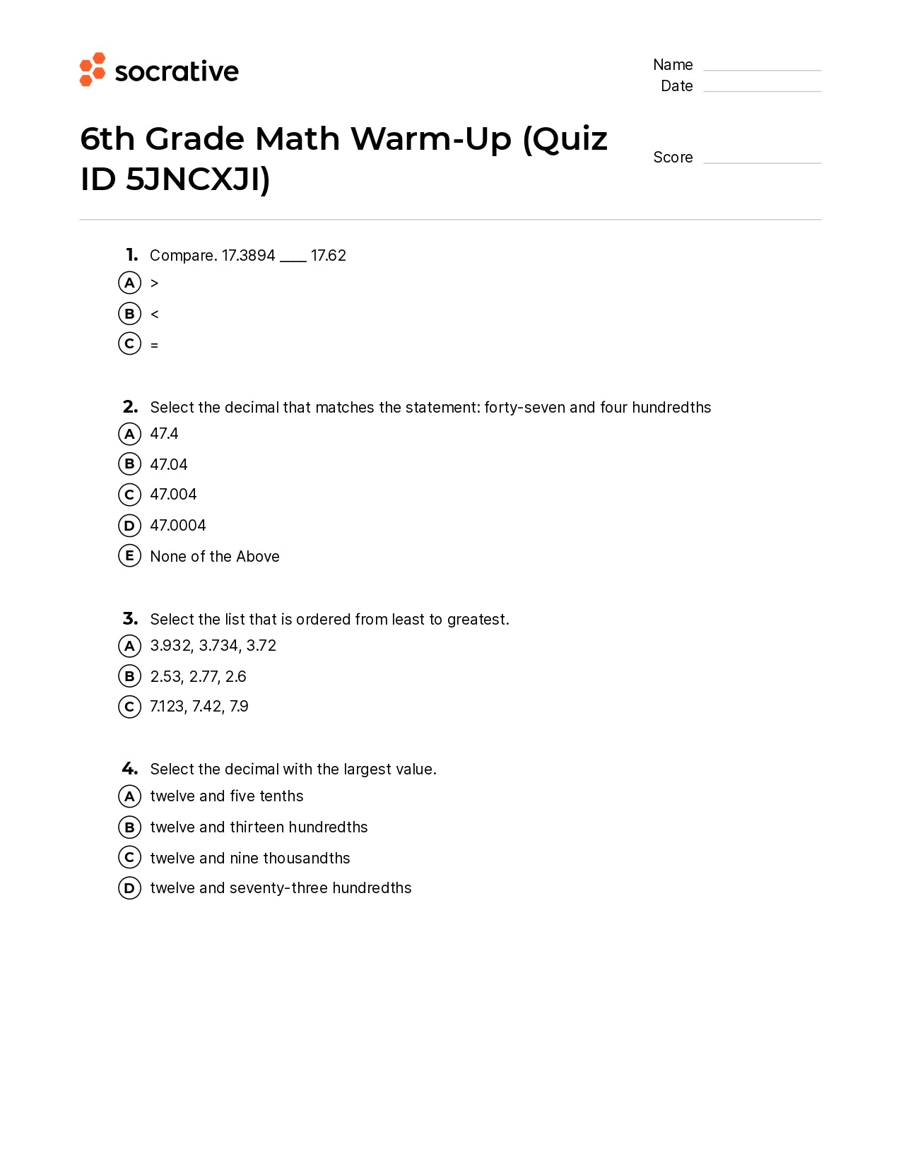 6Th Grade Math Warm-Up