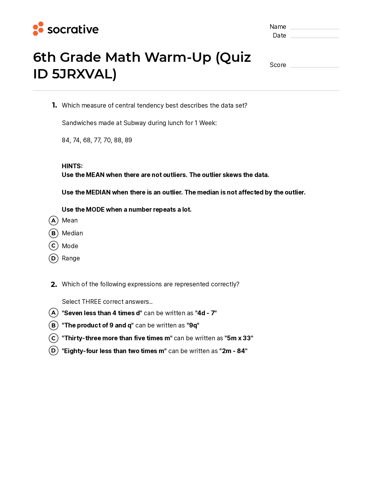 6Th Grade Math Warm-Up