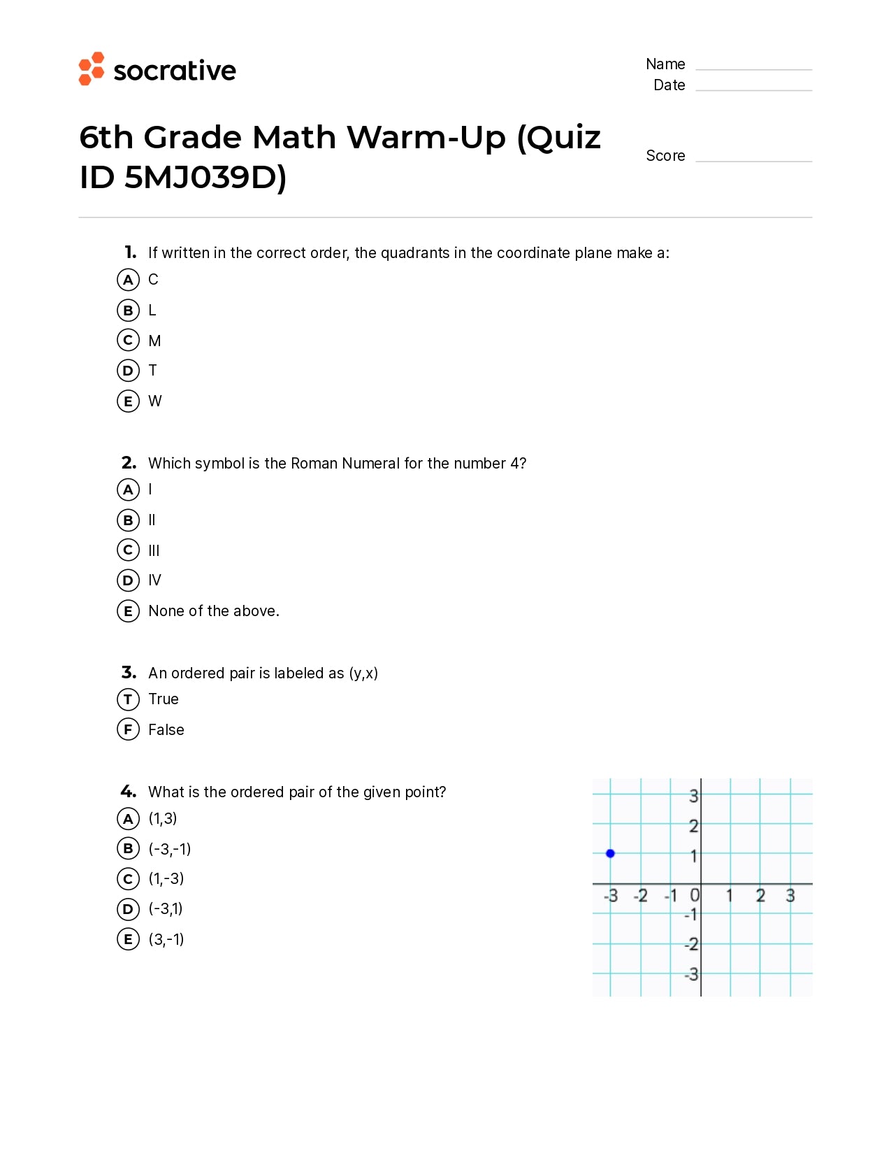 6Th Grade Math Warm-Up