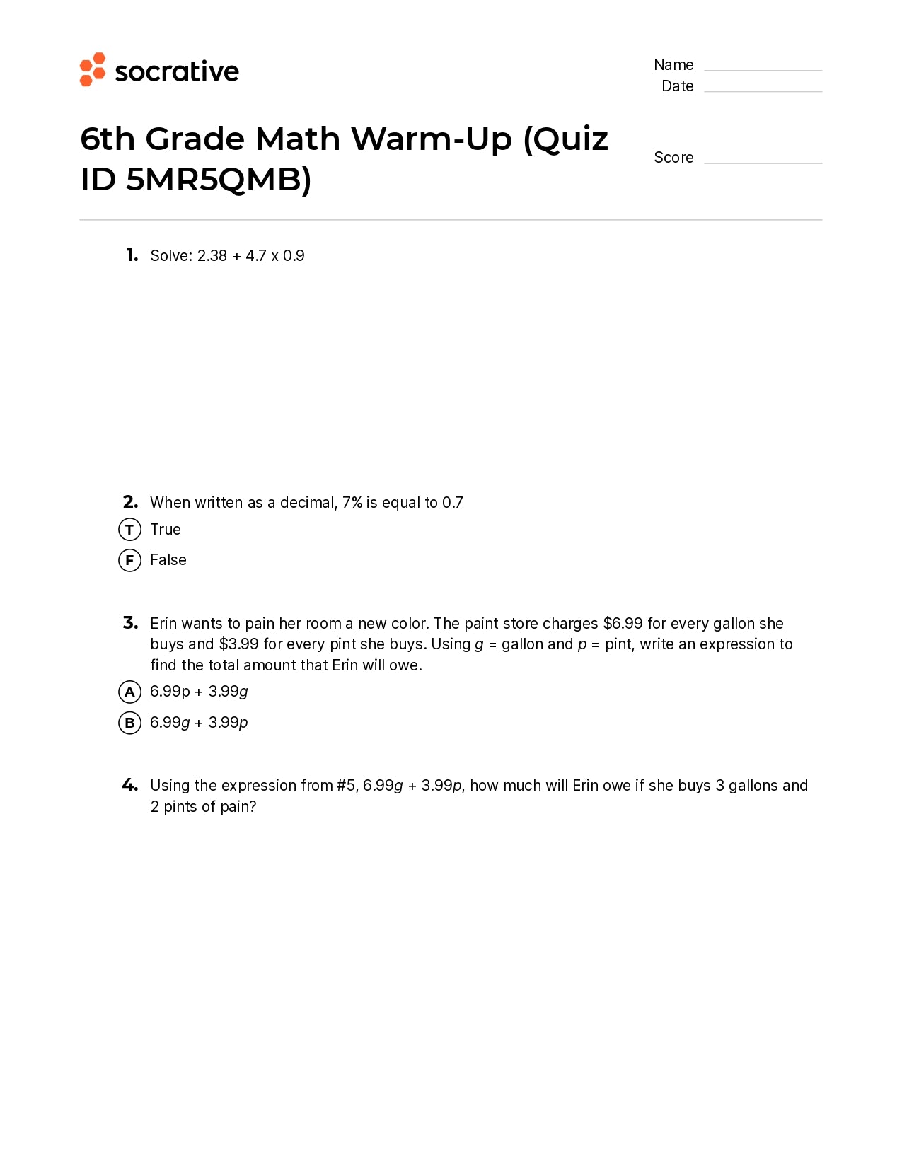 6Th Grade Math Warm-Up