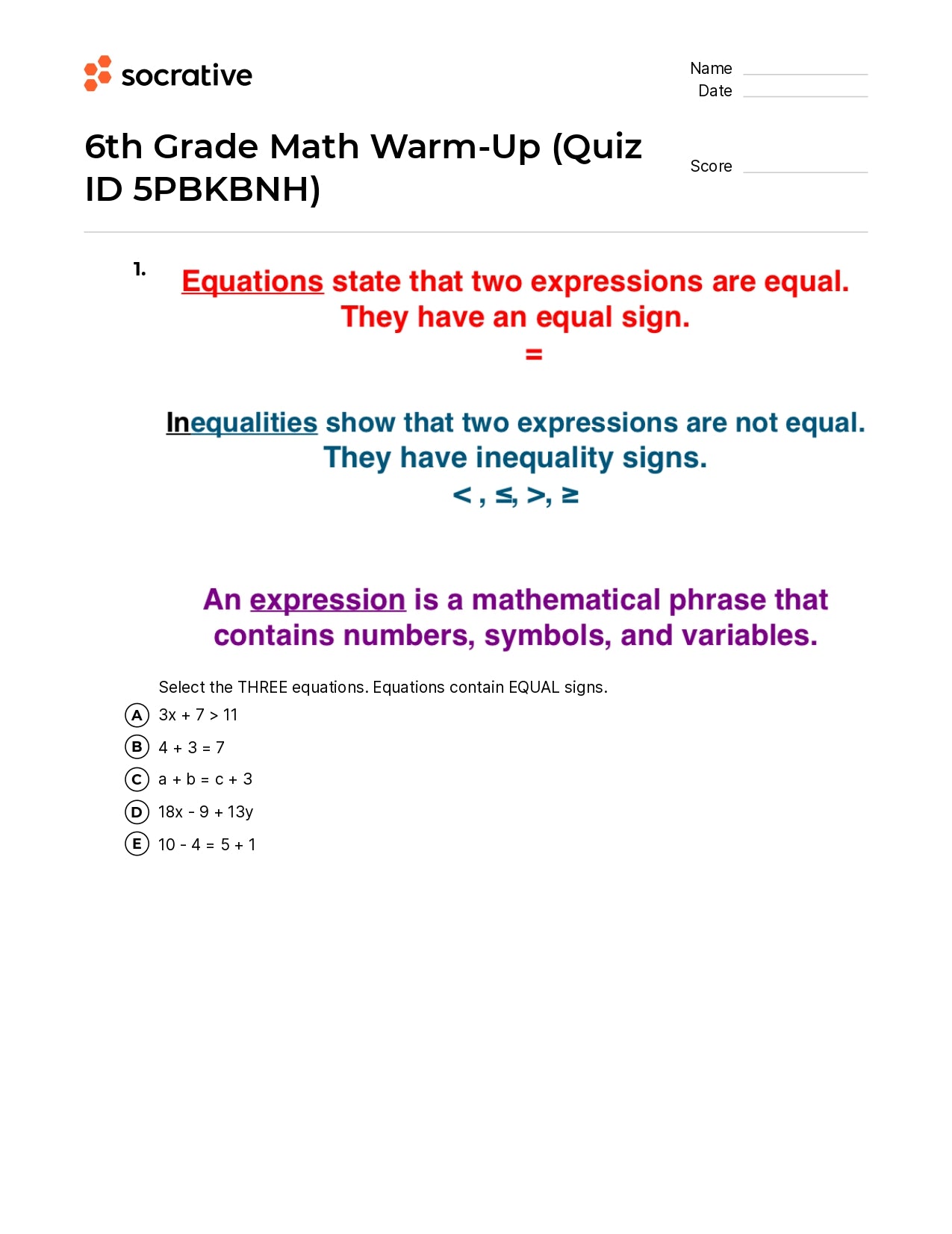 6Th Grade Math Warm-Up