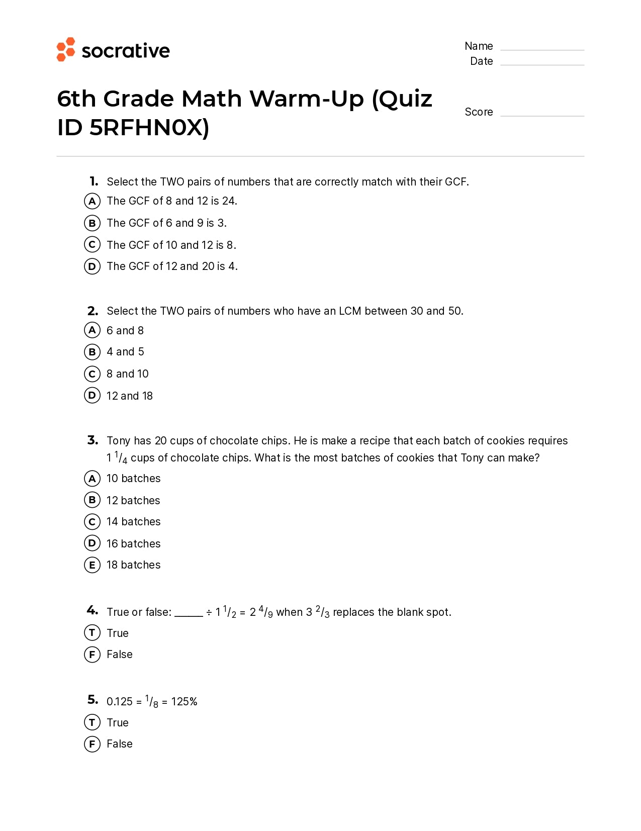6Th Grade Math Warm-Up