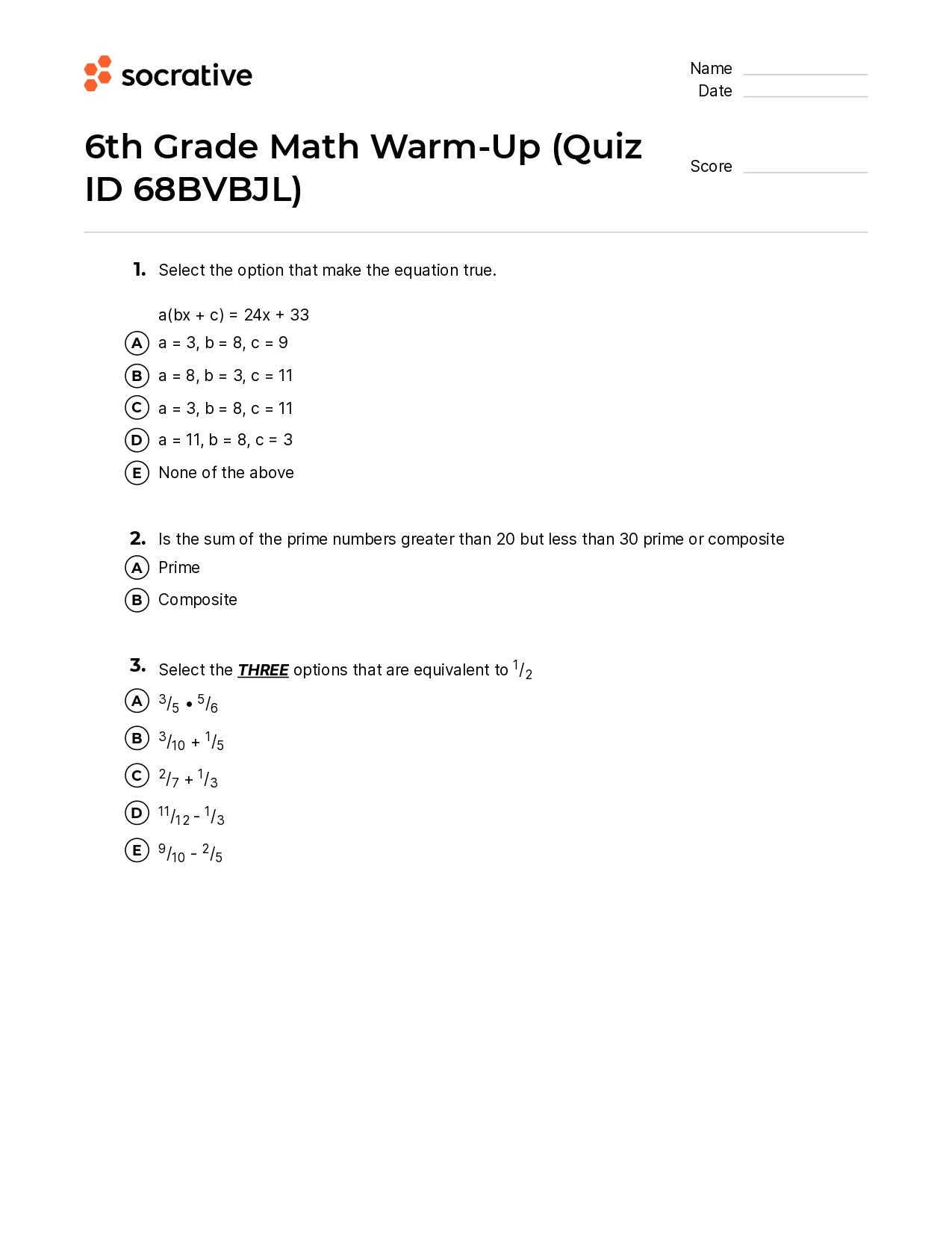 6Th Grade Math Warm-Up