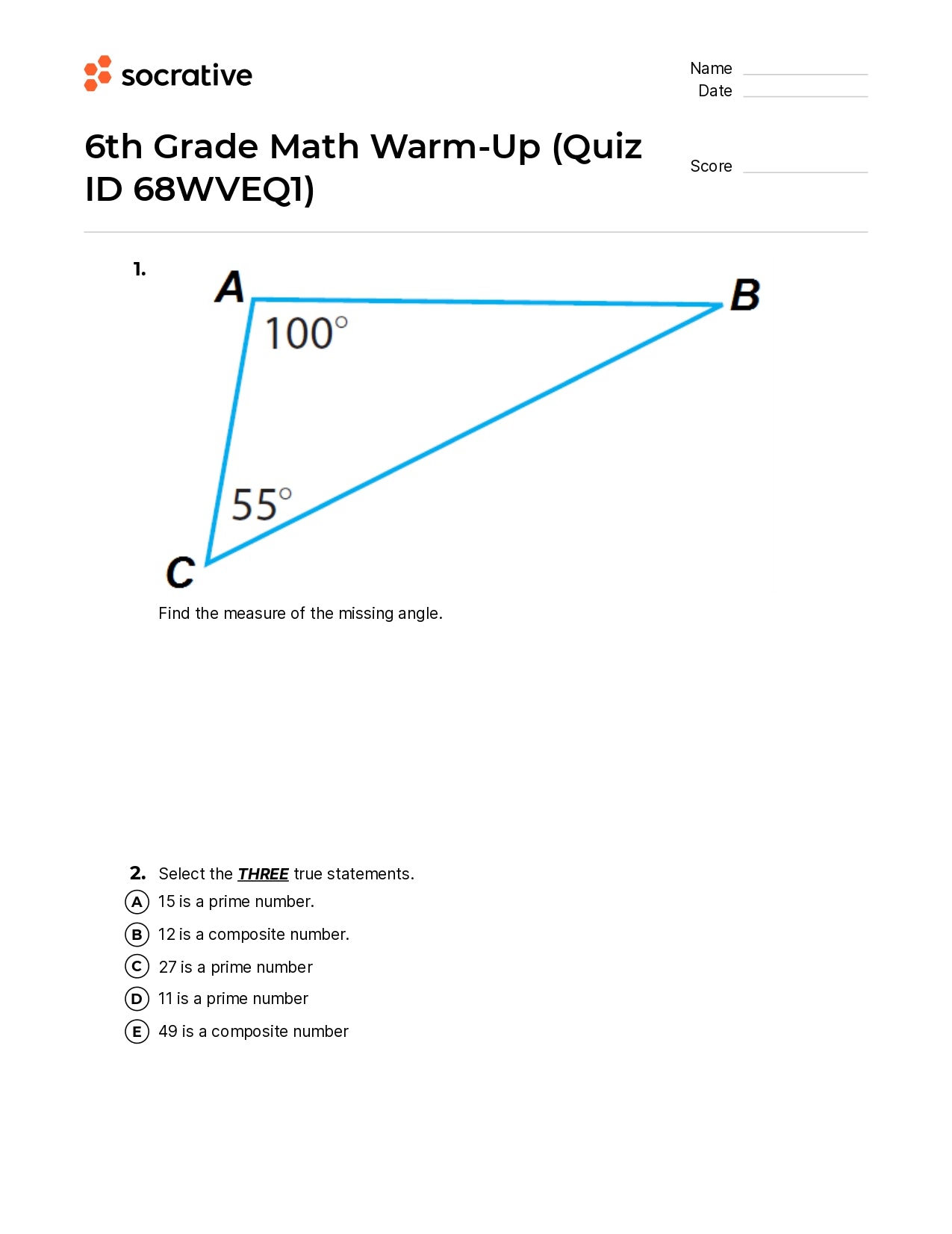 6Th Grade Math Warm-Up