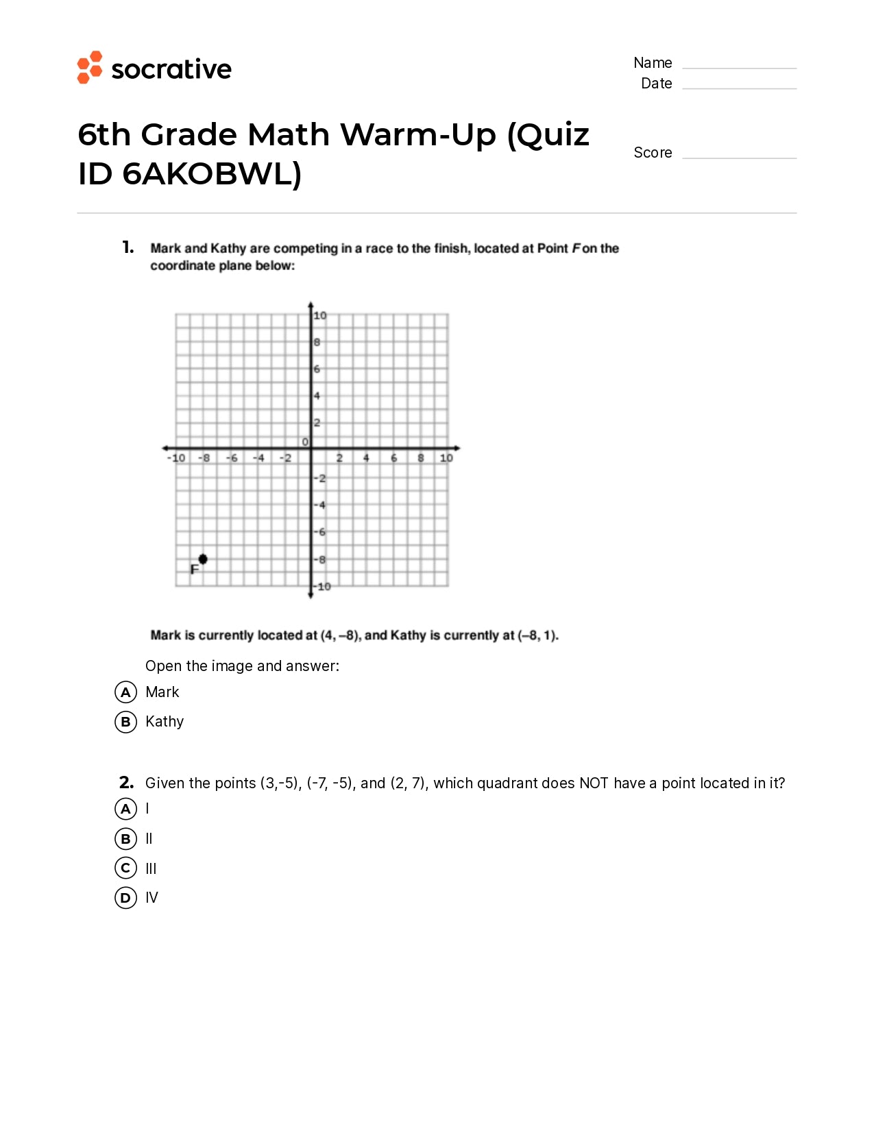 6Th Grade Math Warm-Up