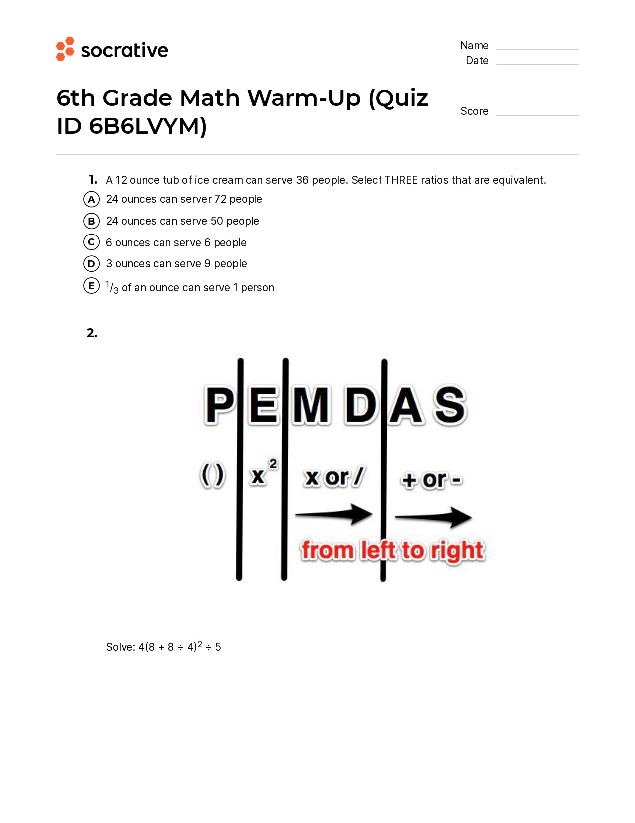 6Th Grade Math Warm-Up