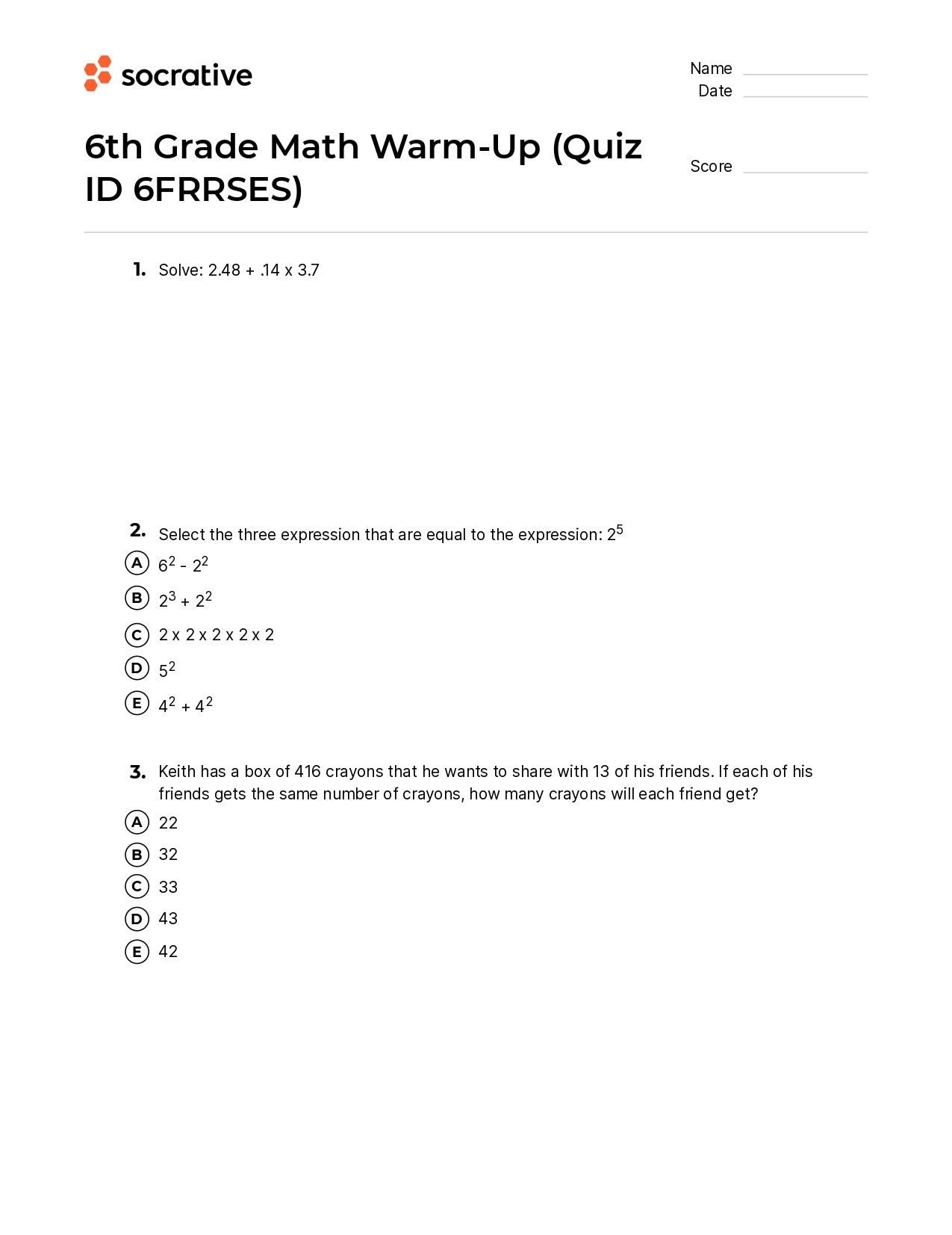 6Th Grade Math Warm-Up